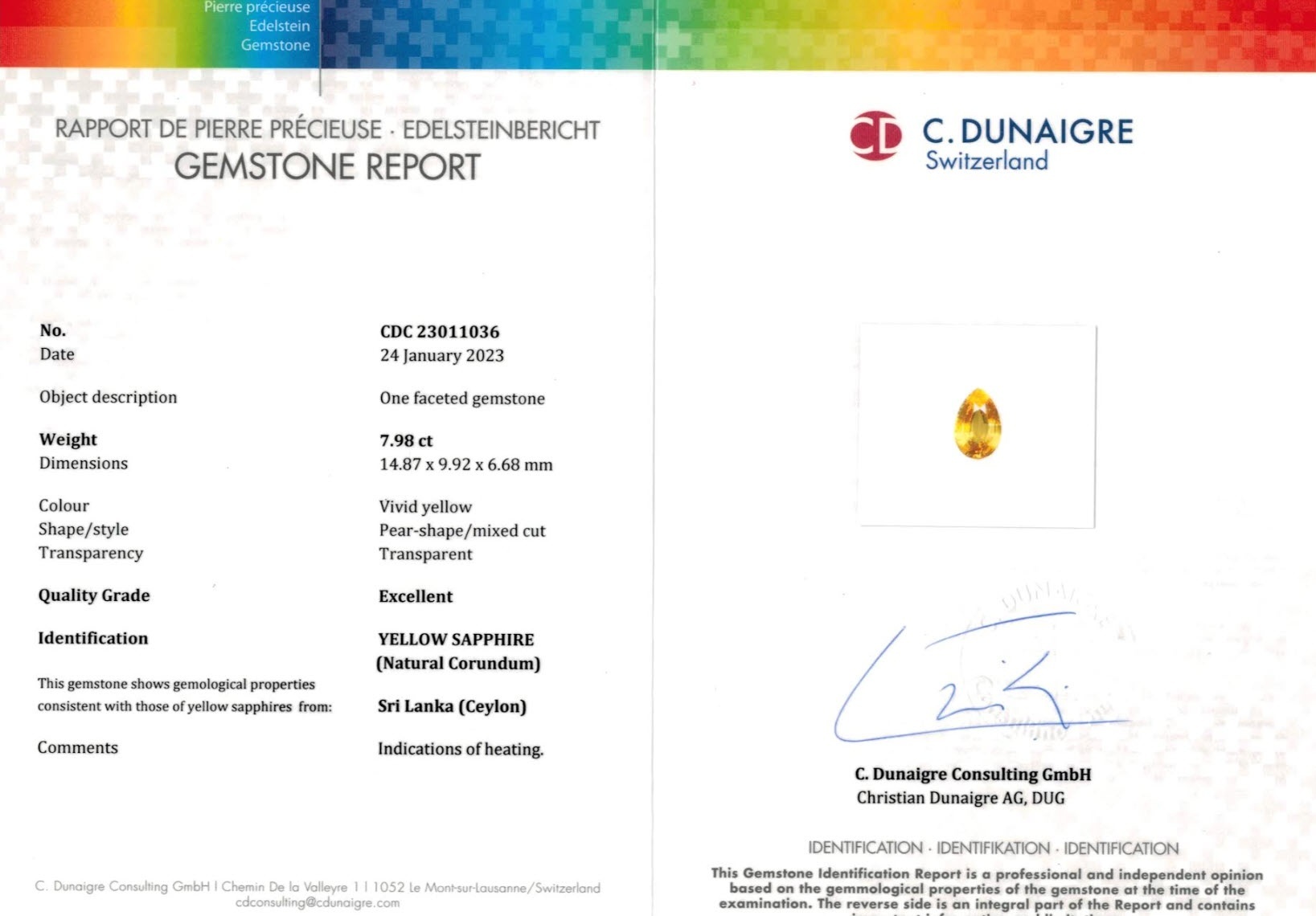 7.98 Ct. Yellow Sapphire from Ceylon (Sri Lanka)