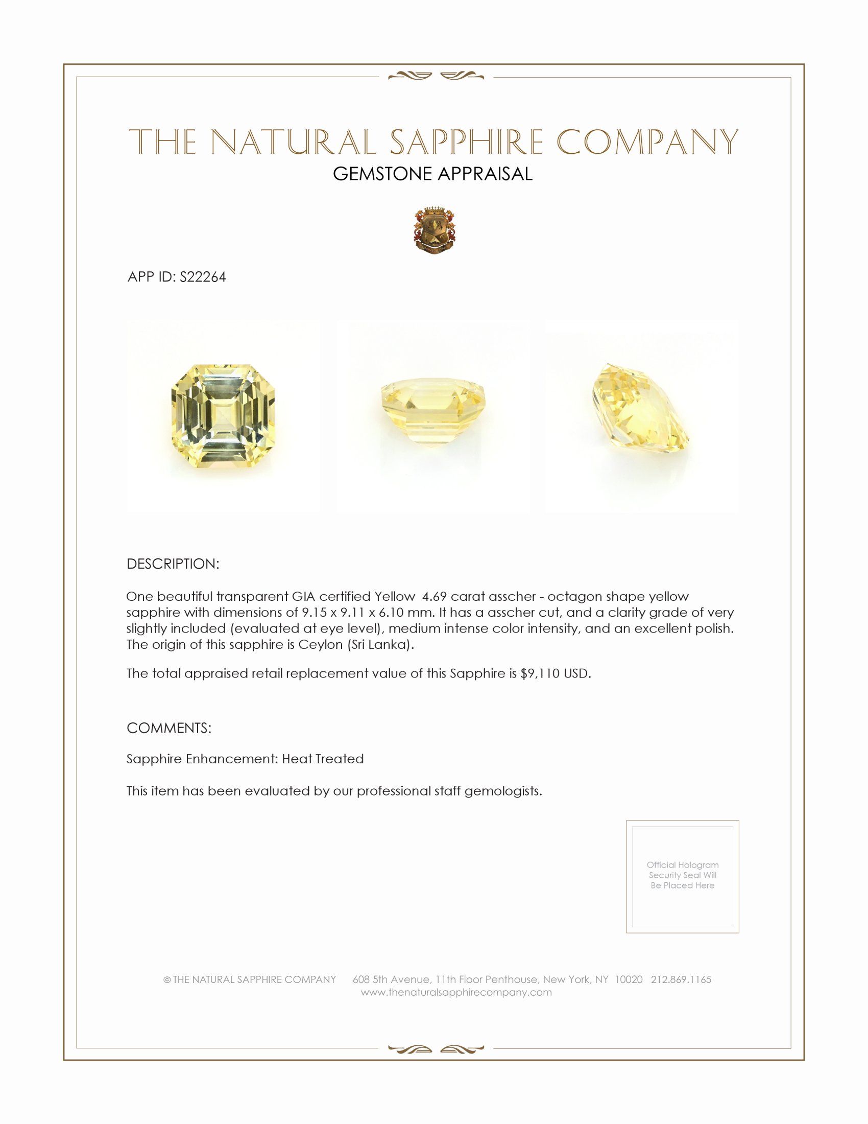 4.69 Ct. Yellow Sapphire from Ceylon (Sri Lanka)