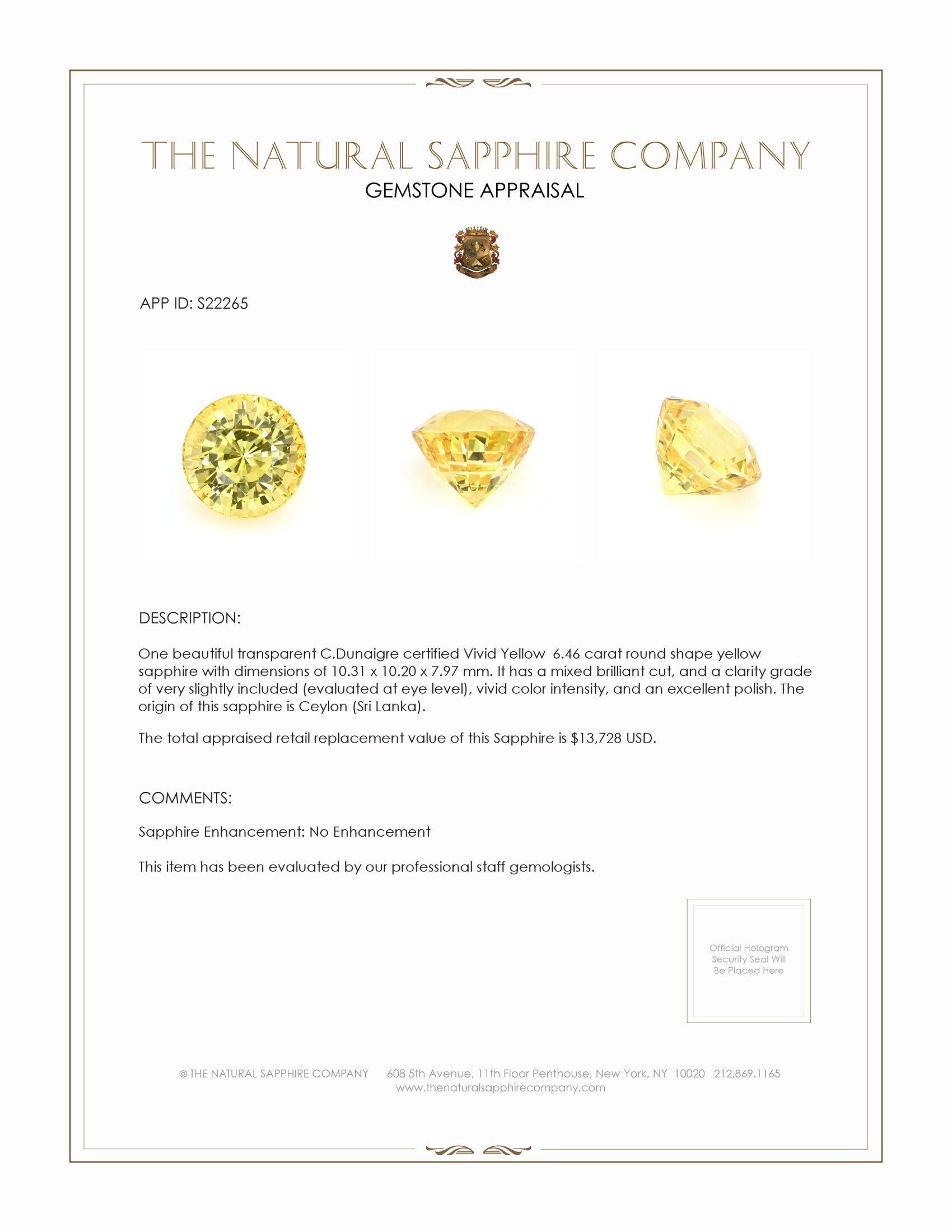 6.46 Ct. Yellow Sapphire from Ceylon (Sri Lanka)