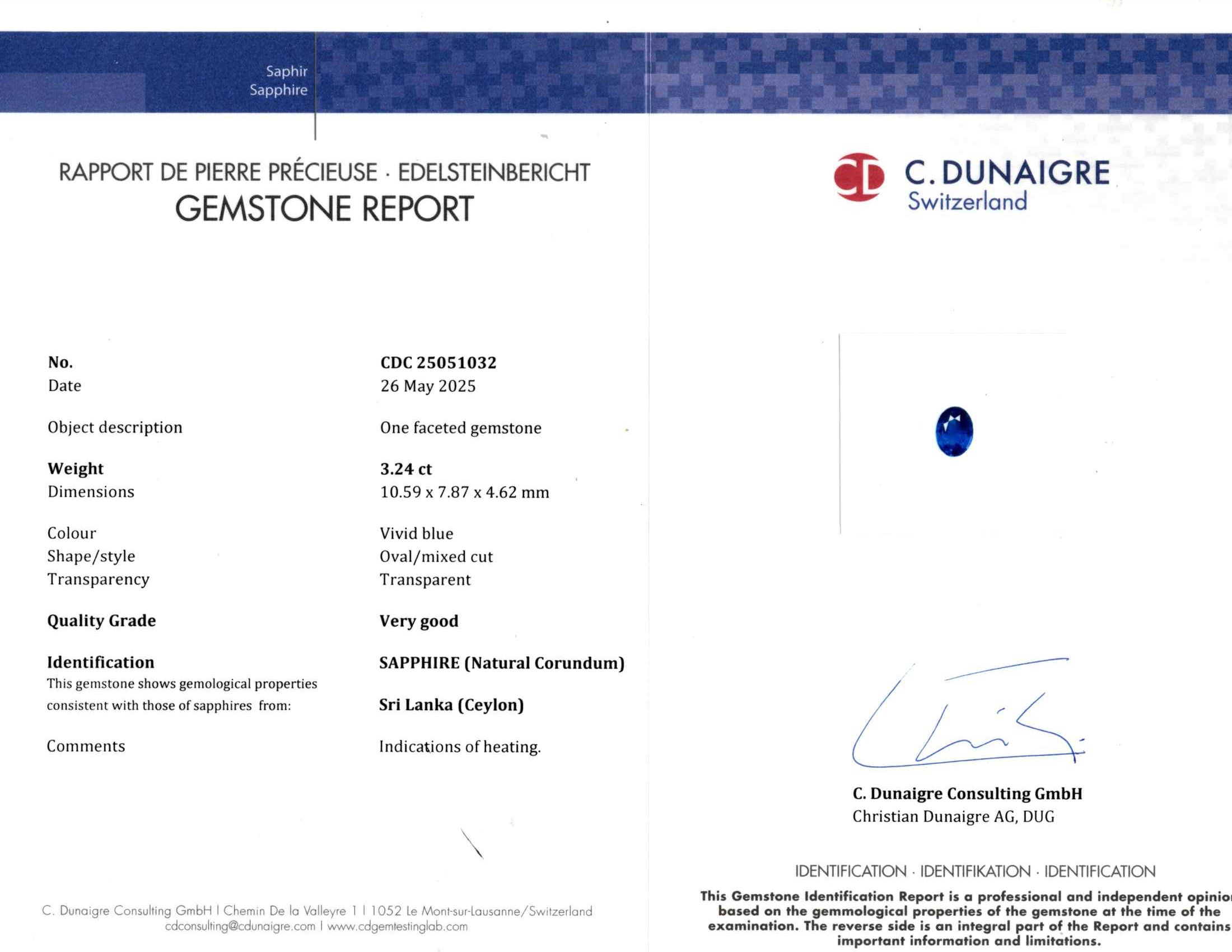 3.24 Ct. Blue Sapphire from Ceylon (Sri Lanka)