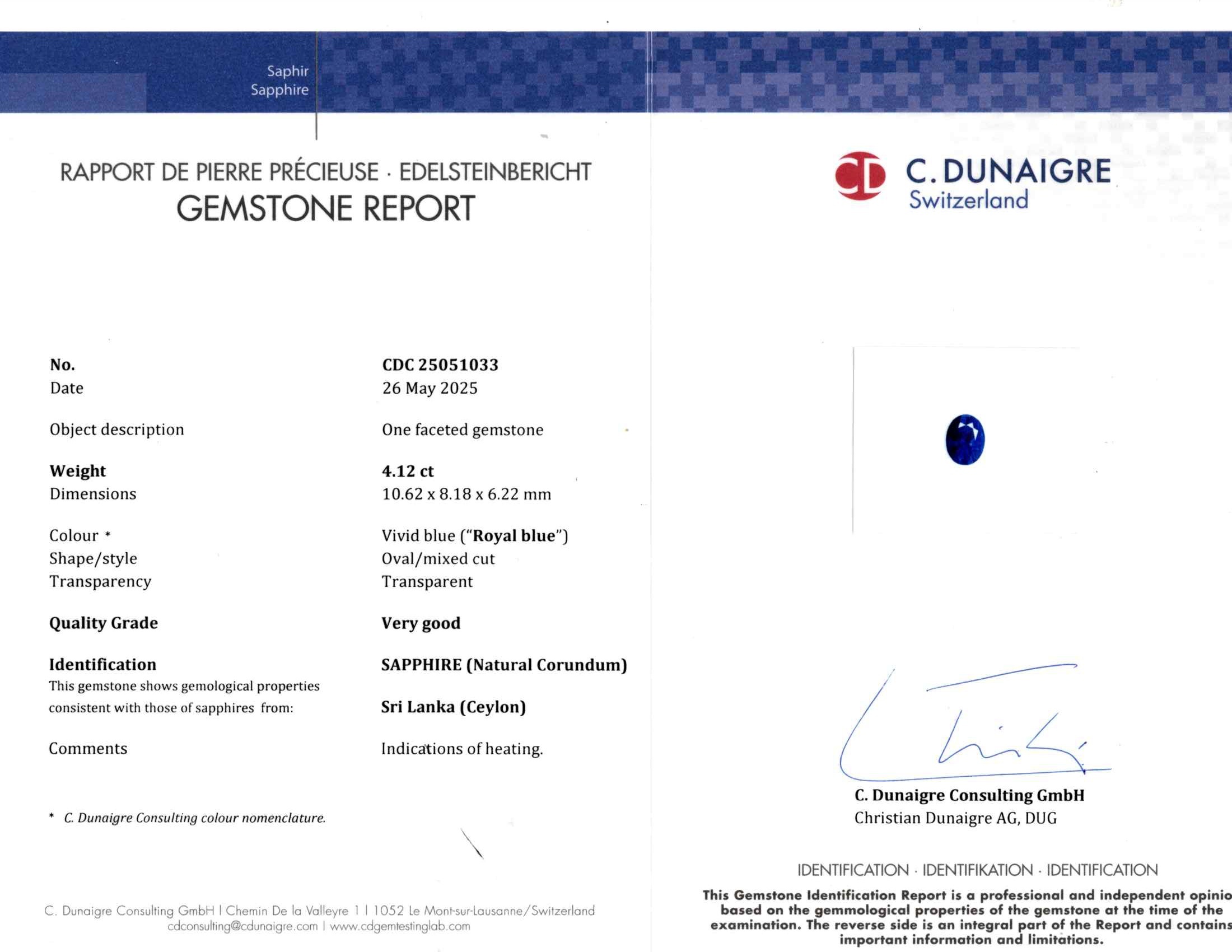 4.12 Ct. Blue Sapphire from Ceylon (Sri Lanka)