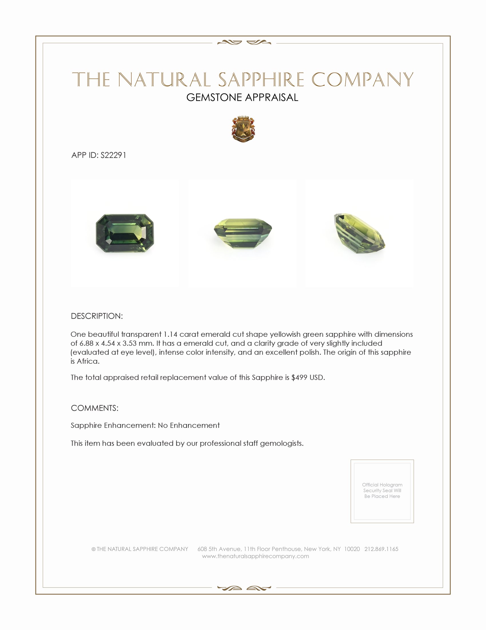 1.14 Ct. Yellowish Green Sapphire from Africa