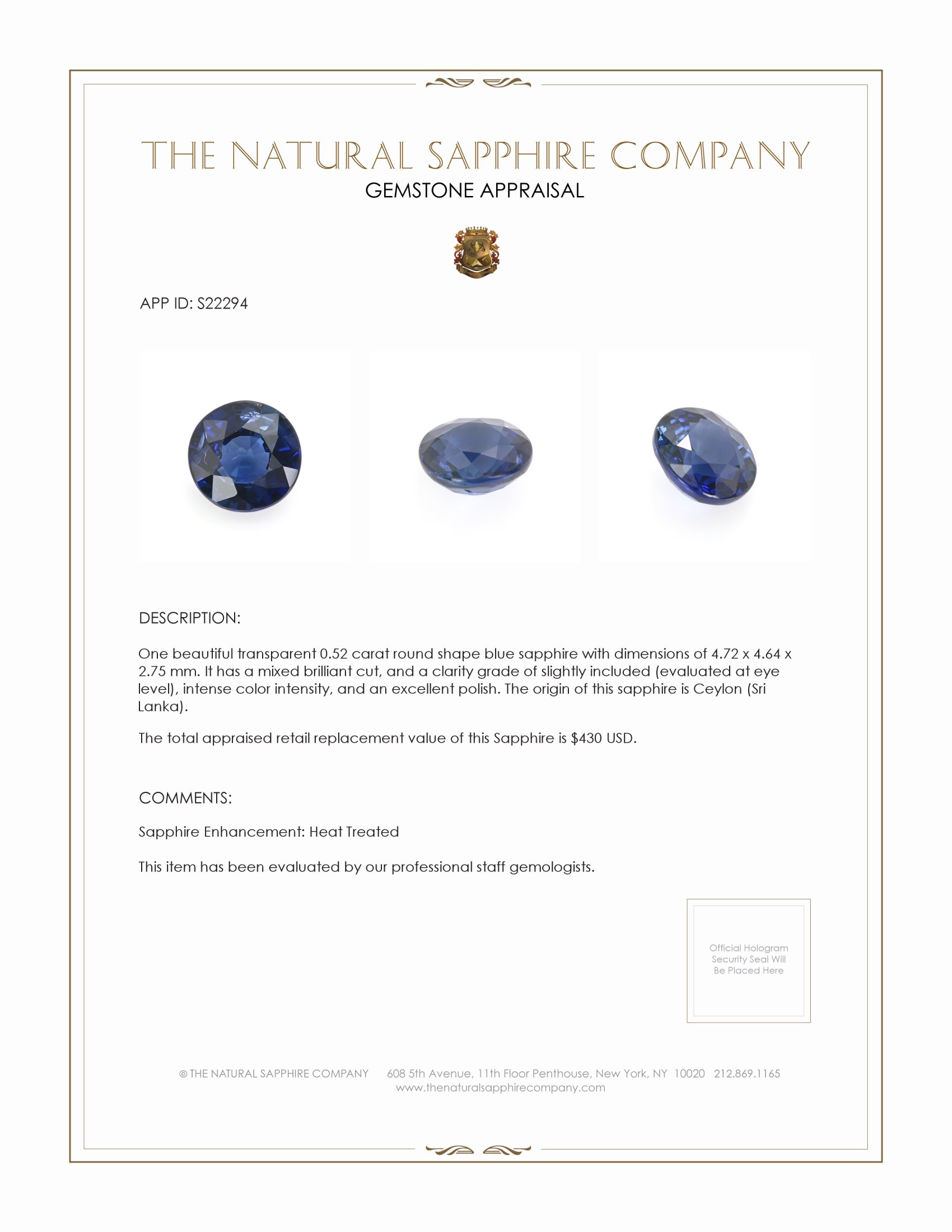 0.52 Ct. Blue Sapphire from Ceylon (Sri Lanka)