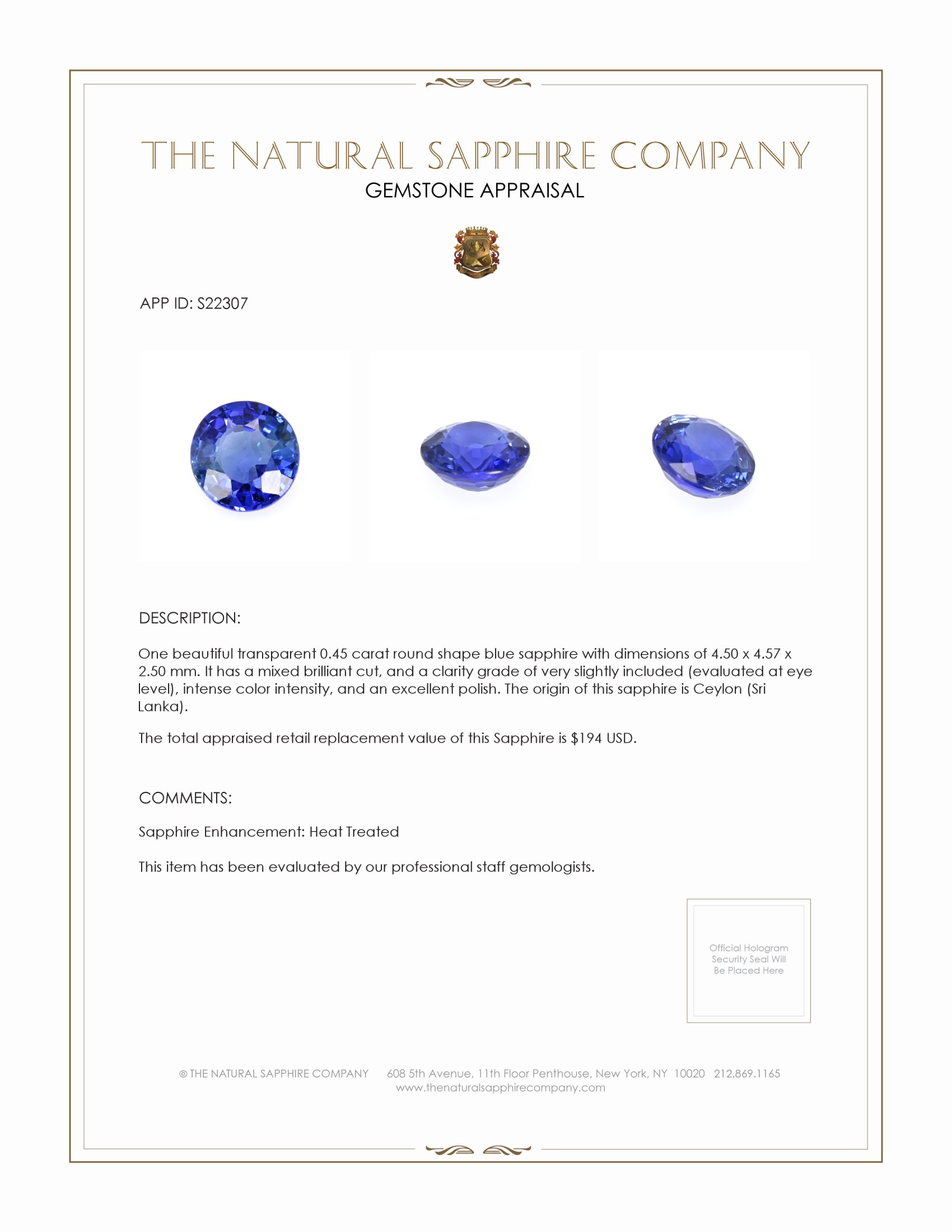 0.45 Ct. Blue Sapphire from Ceylon (Sri Lanka)