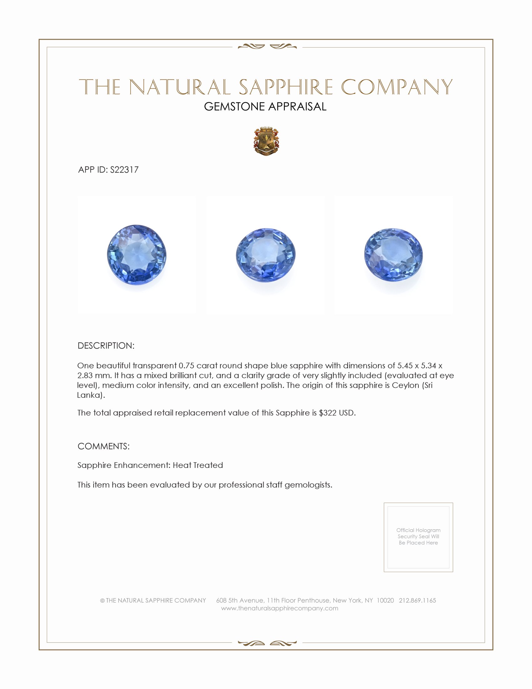 0.75 Ct. Blue Sapphire from Ceylon (Sri Lanka)