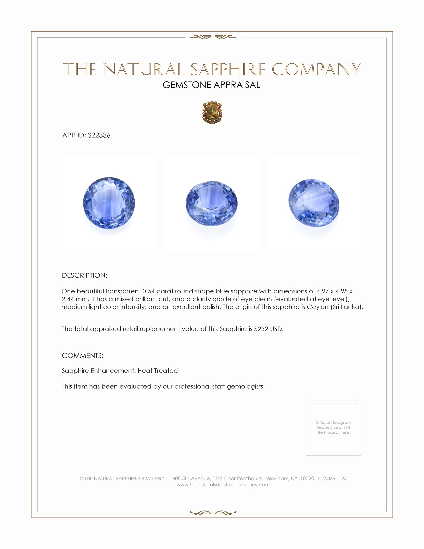 0.54 Ct. Blue Sapphire from Ceylon (Sri Lanka)