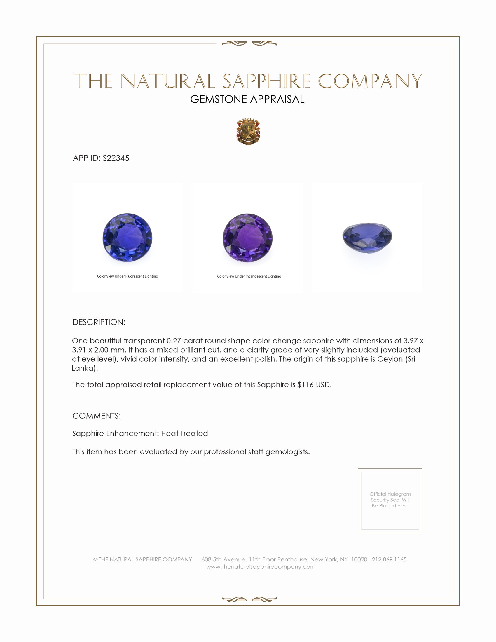 0.27 Ct. Color Change Sapphire from Ceylon (Sri Lanka)