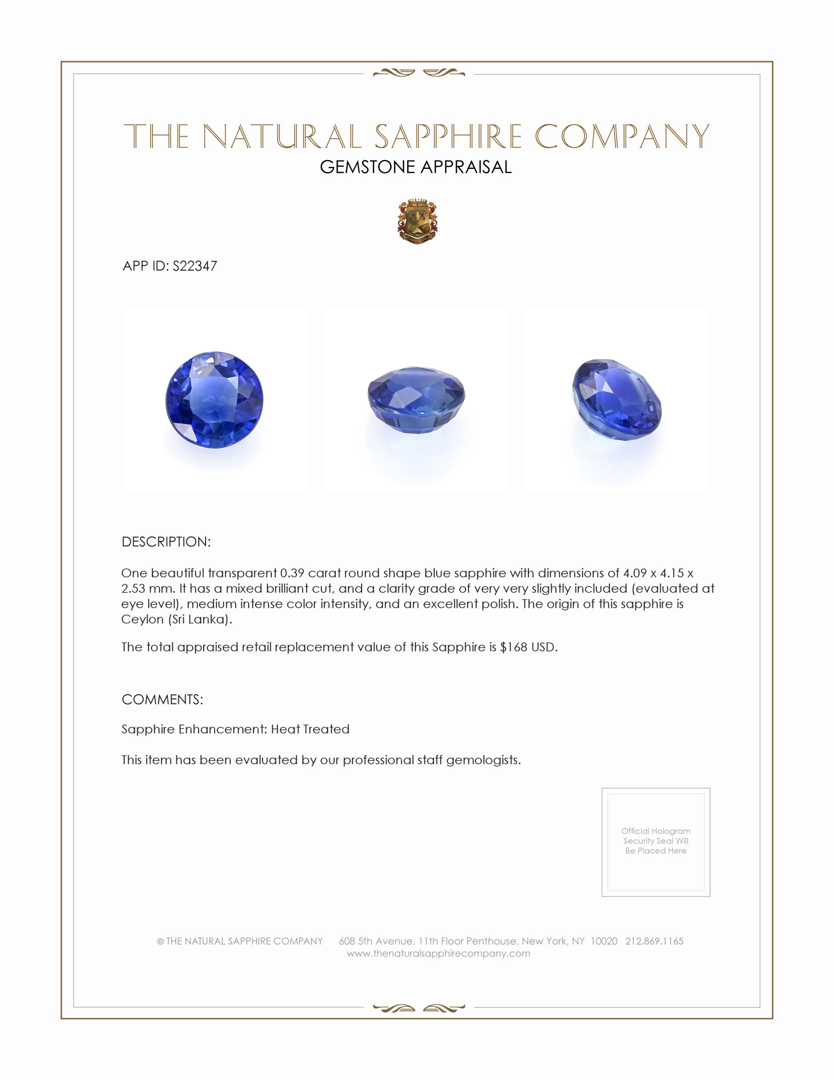 0.39 Ct. Blue Sapphire from Ceylon (Sri Lanka)