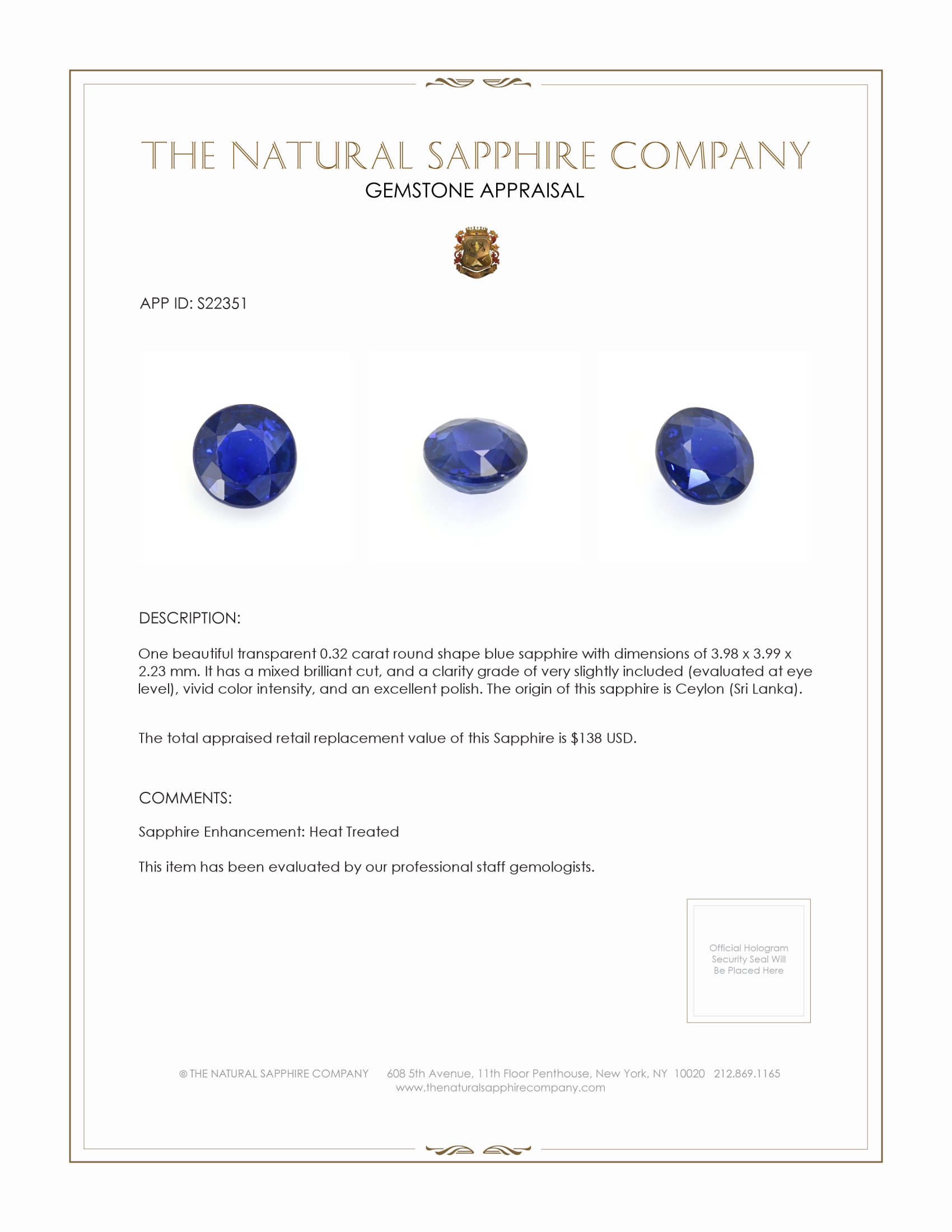 0.32 Ct. Blue Sapphire from Ceylon (Sri Lanka)