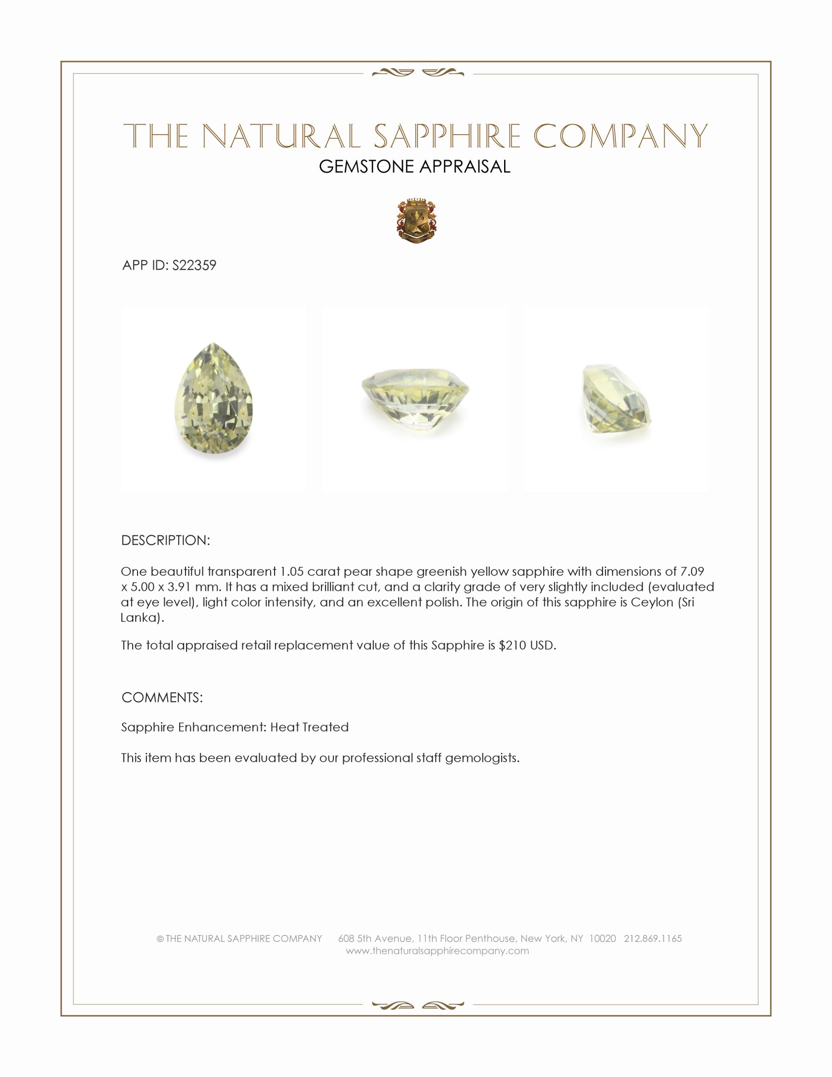 1.05 Ct. Greenish Yellow Sapphire from Ceylon (Sri Lanka)