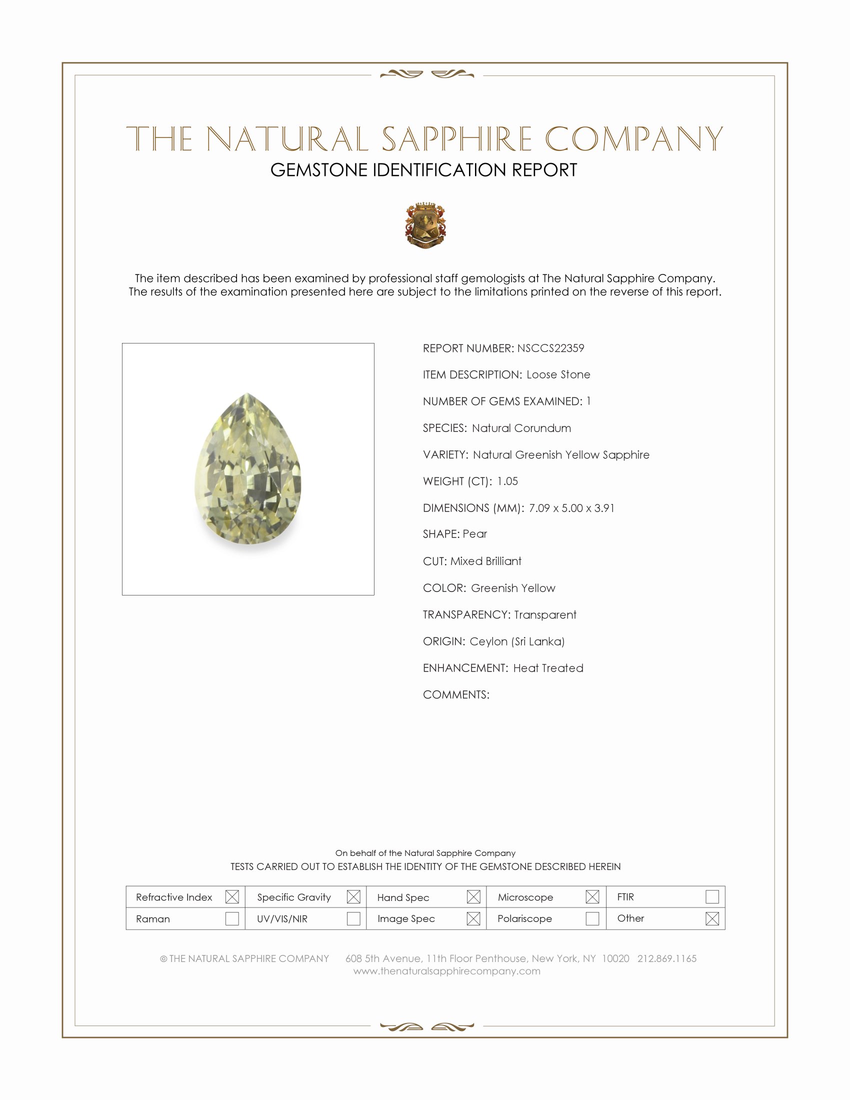 1.05 Ct. Greenish Yellow Sapphire from Ceylon (Sri Lanka)