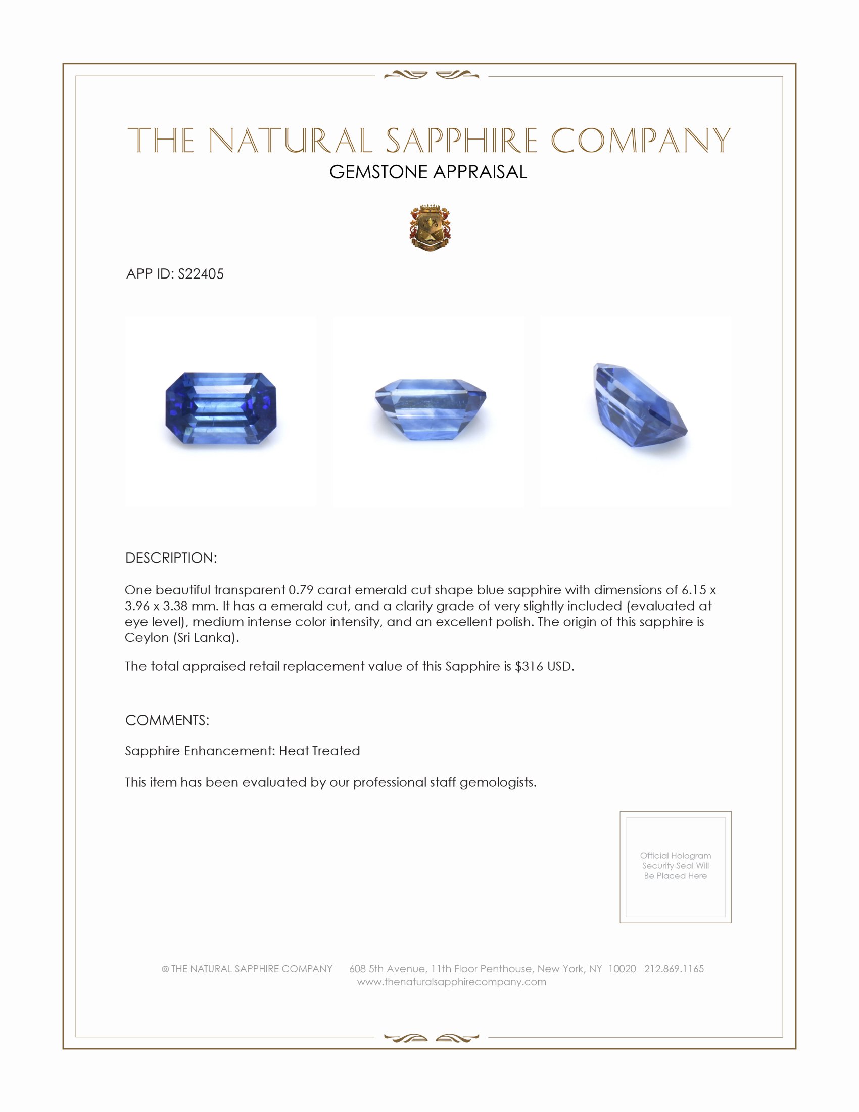 0.79 Ct. Blue Sapphire from Ceylon (Sri Lanka)