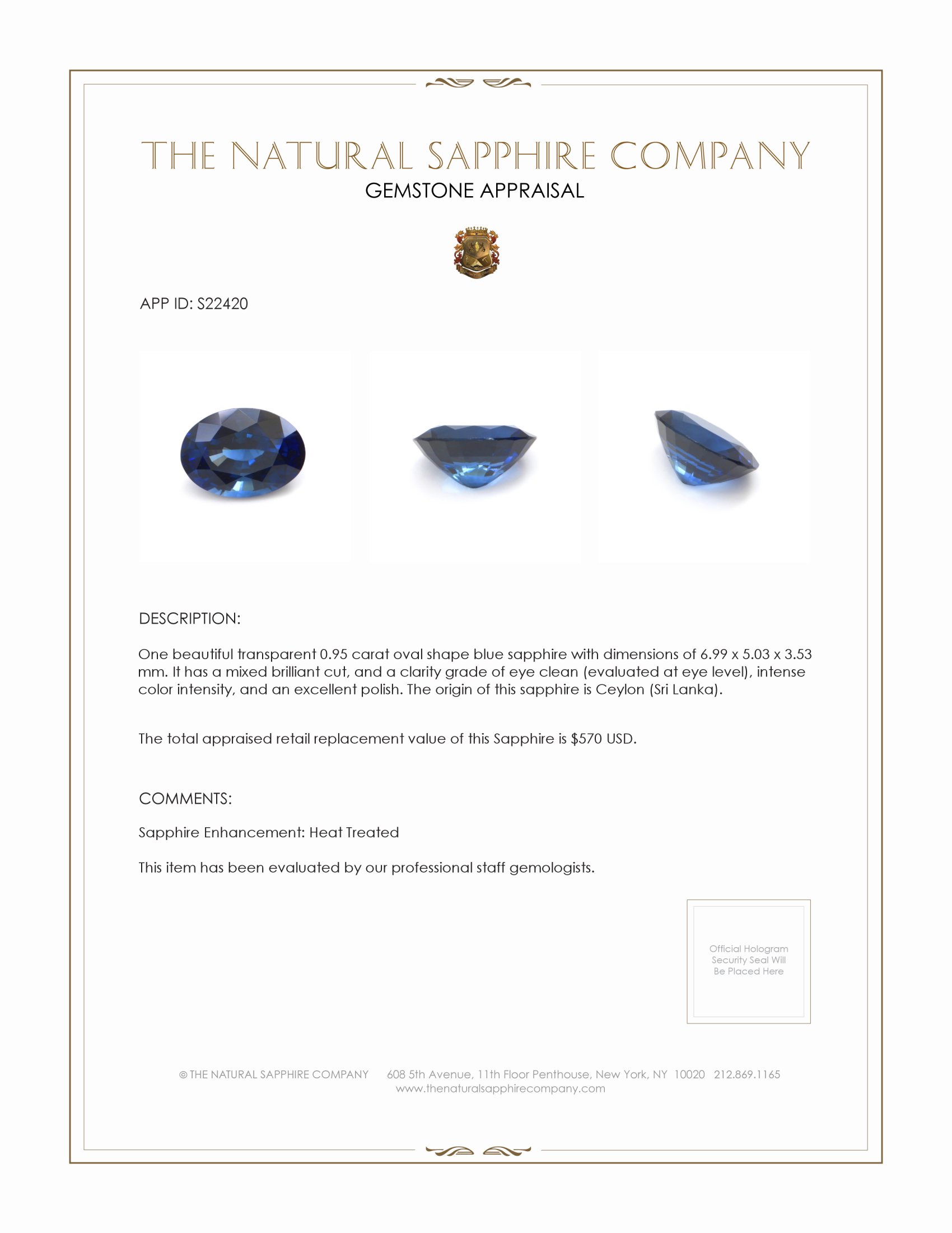0.95 Ct. Blue Sapphire from Ceylon (Sri Lanka)