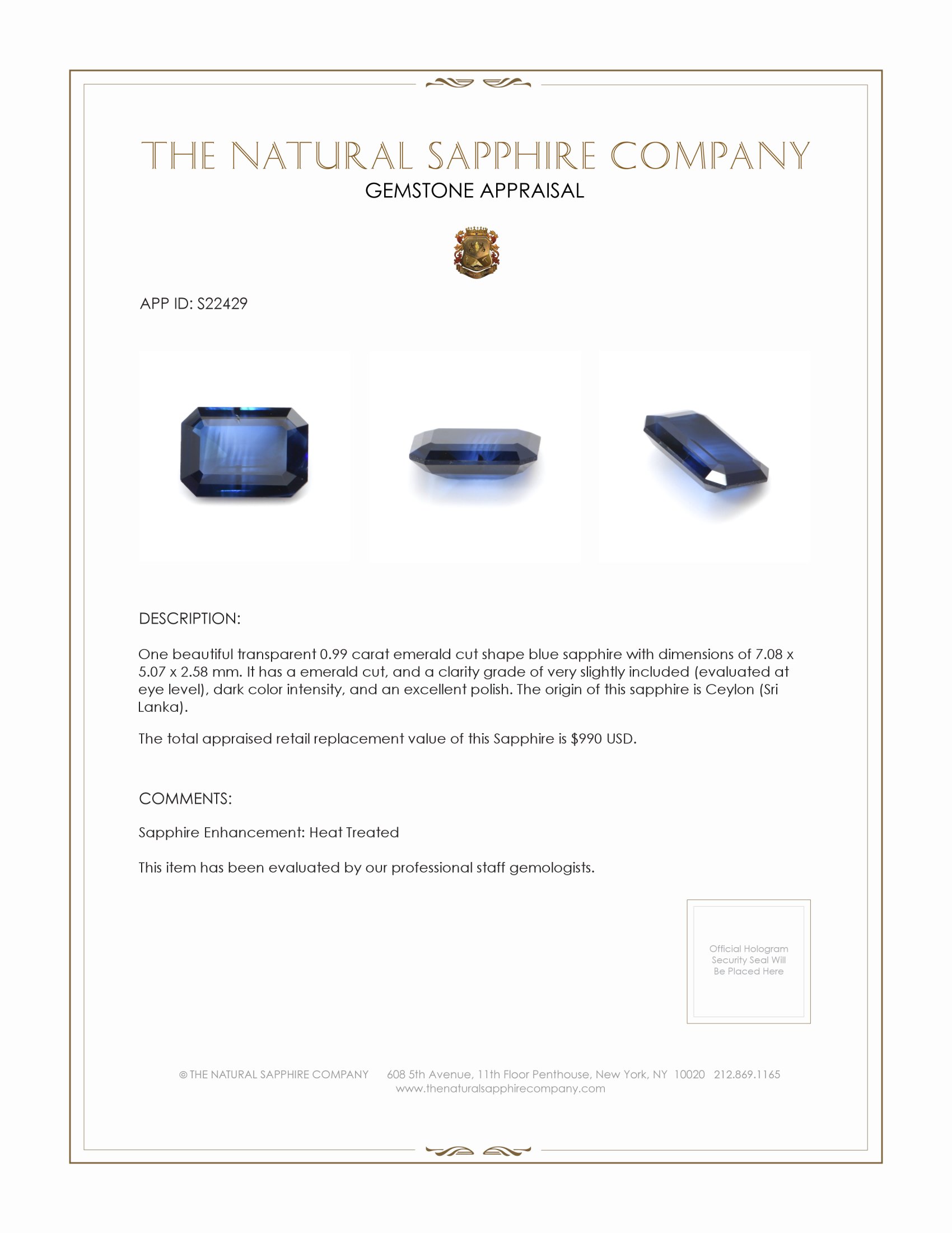 0.99 Ct. Blue Sapphire from Ceylon (Sri Lanka)