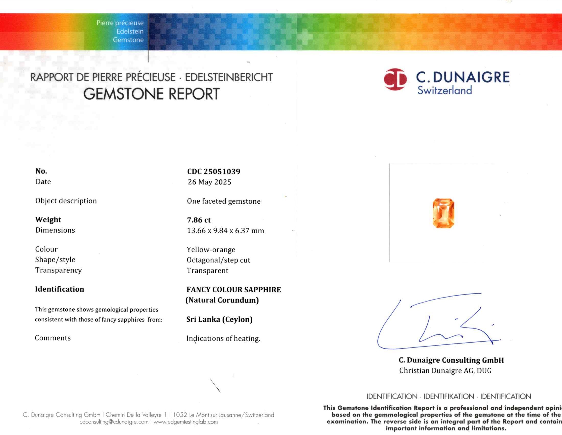 7.86 Ct. Yellowish Orange Sapphire from Ceylon (Sri Lanka)