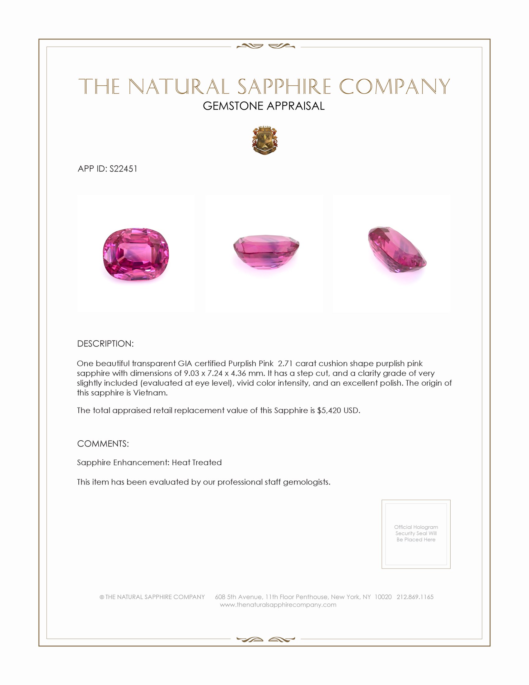 2.71 Ct. Purplish Pink Sapphire from Vietnam