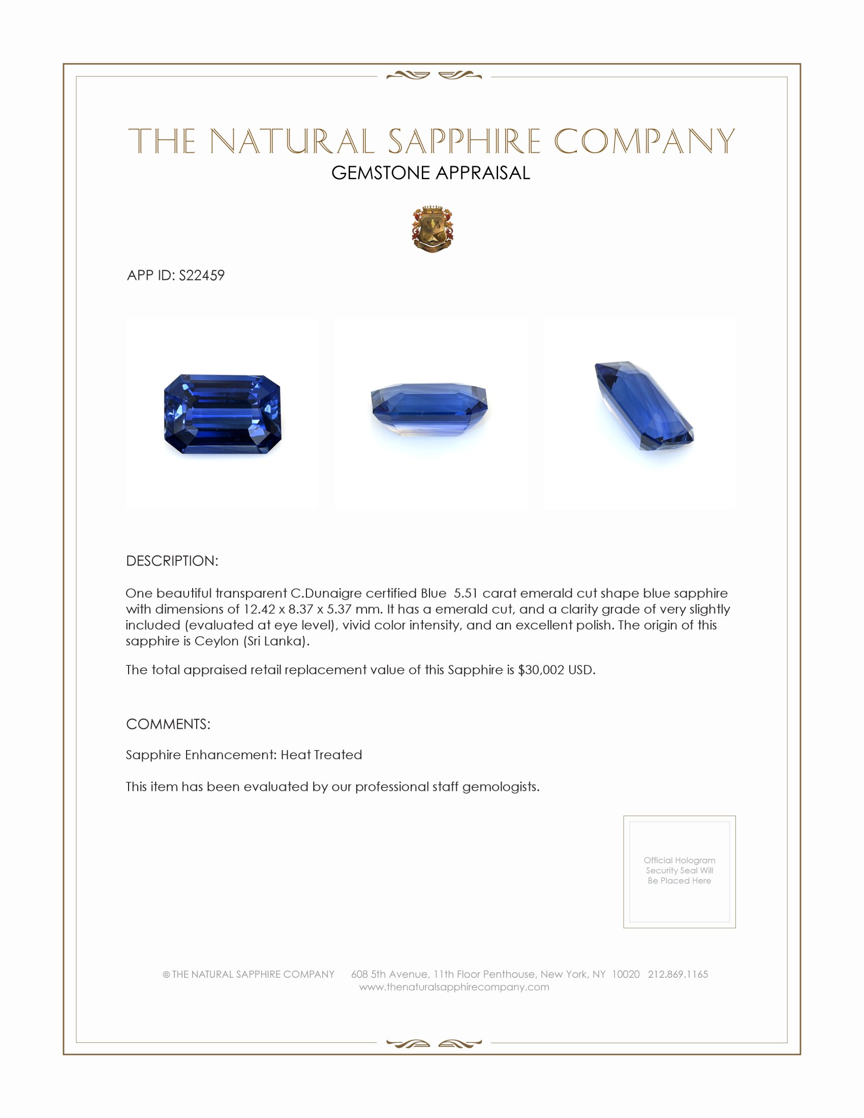 5.51 Ct. Blue Sapphire from Ceylon (Sri Lanka)