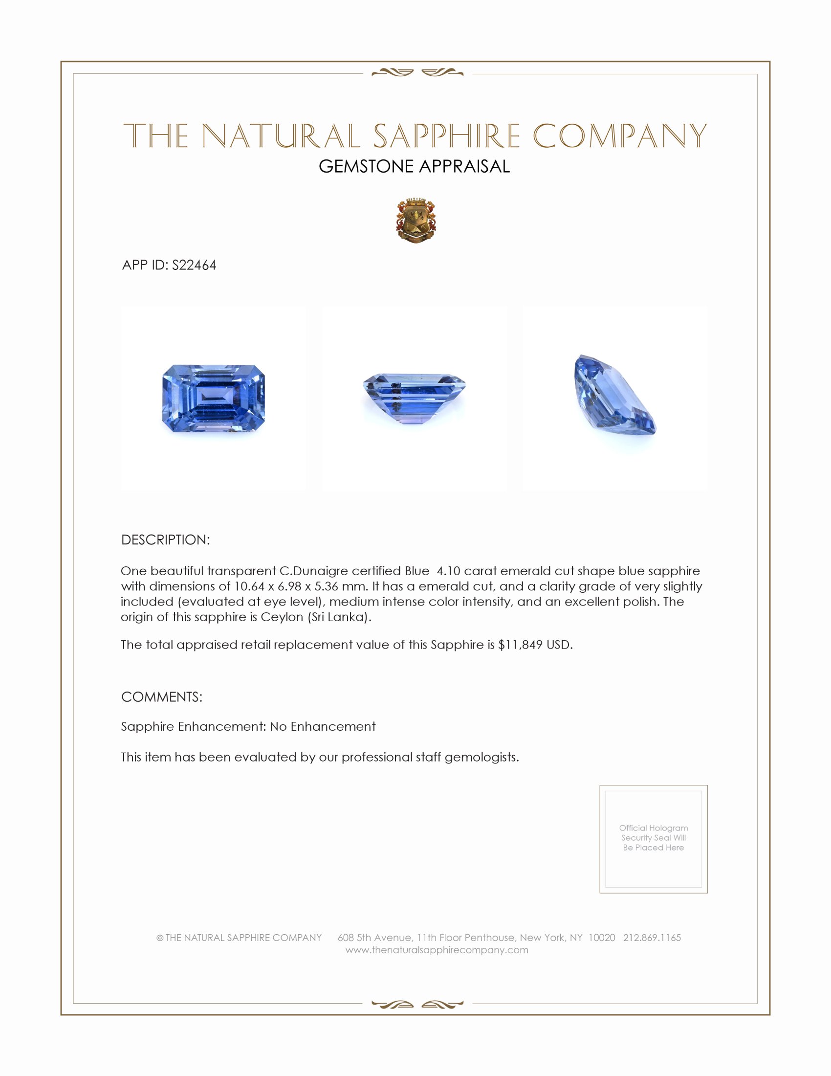 4.10 Ct. Blue Sapphire from Ceylon (Sri Lanka)