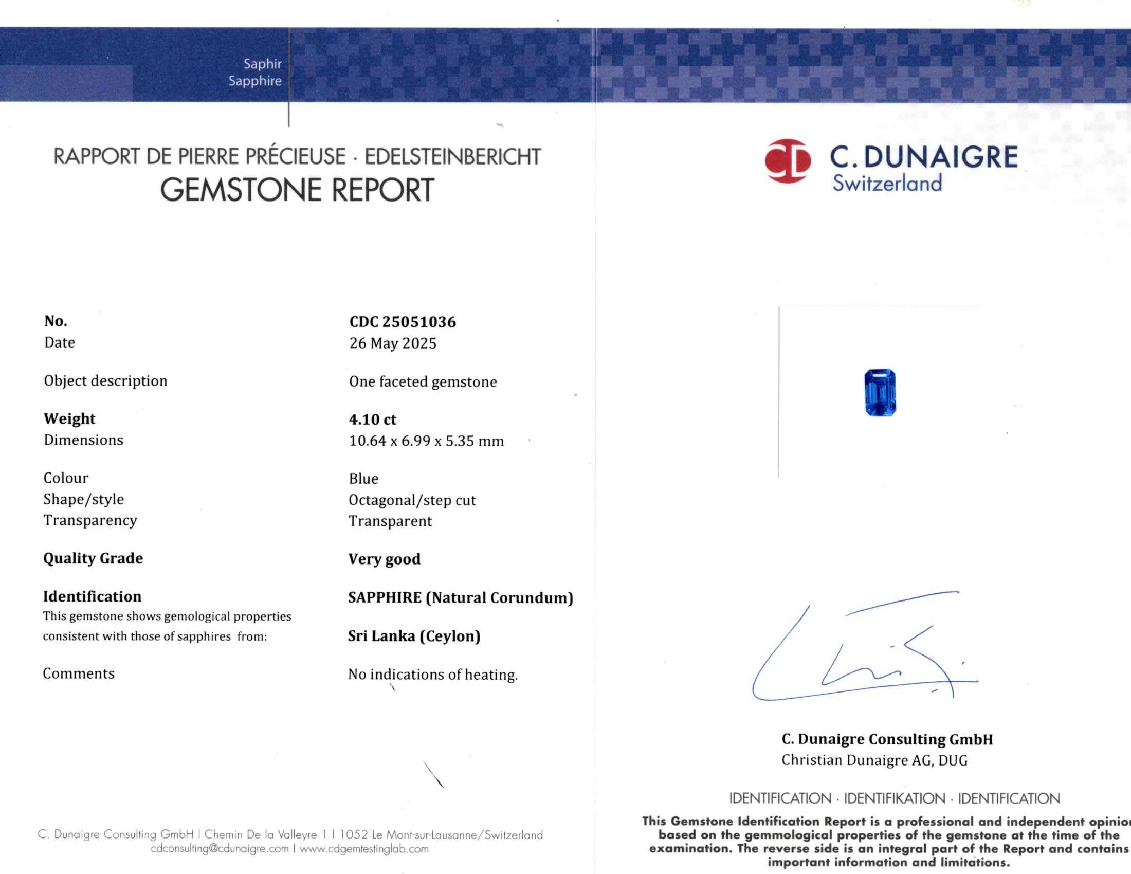 4.10 Ct. Blue Sapphire from Ceylon (Sri Lanka)