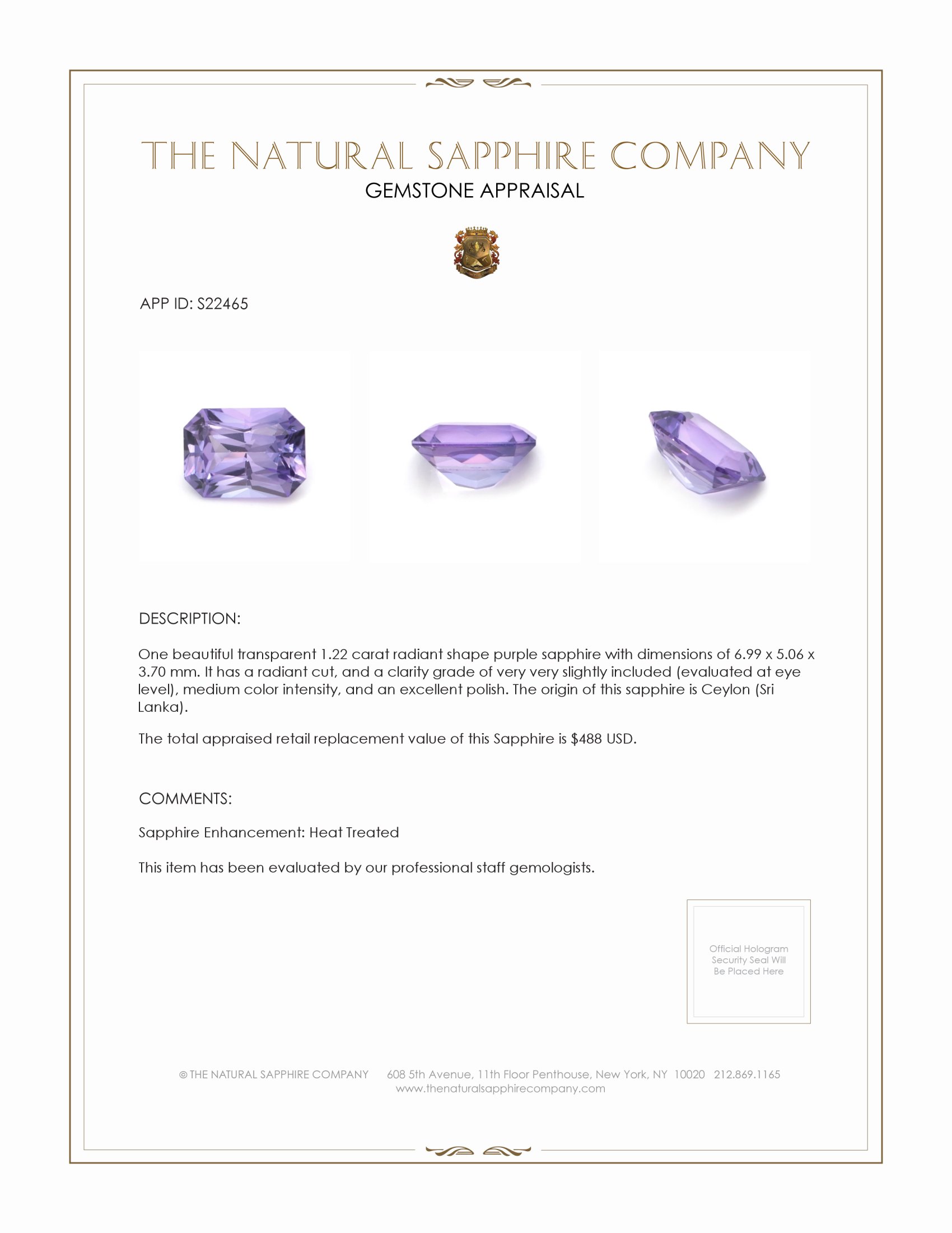 1.22 Ct. Purple Sapphire from Ceylon (Sri Lanka)