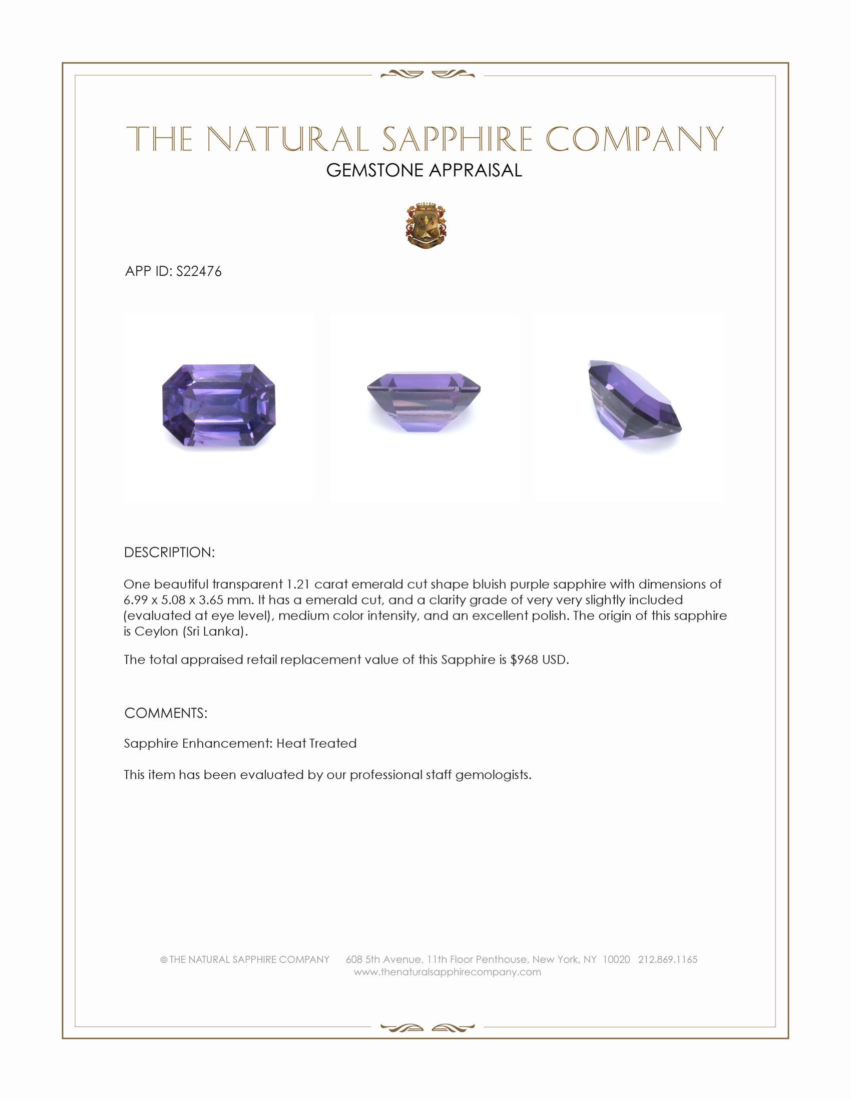 1.21 Ct. Bluish Purple Sapphire from Ceylon (Sri Lanka)