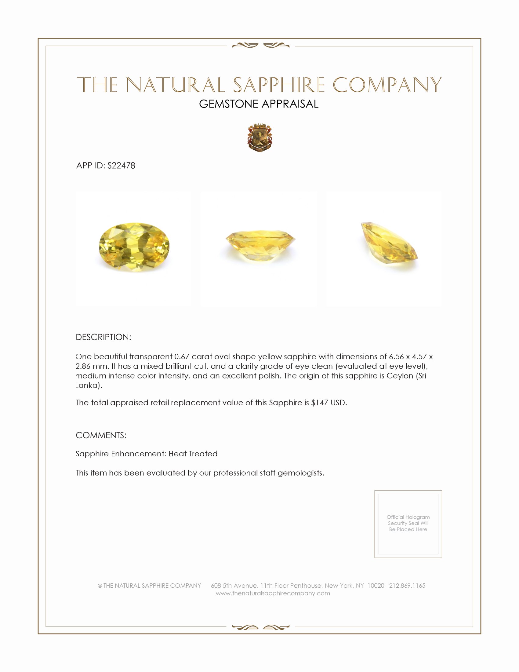 0.67 Ct. Yellow Sapphire from Ceylon (Sri Lanka)