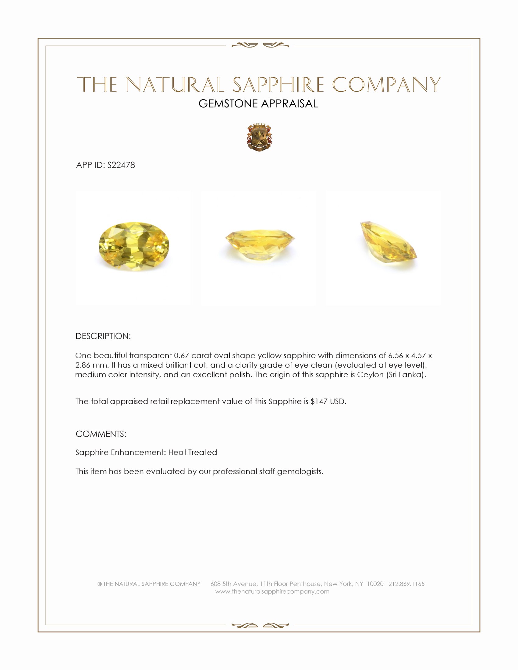 0.67 Ct. Yellow Sapphire from Ceylon (Sri Lanka)