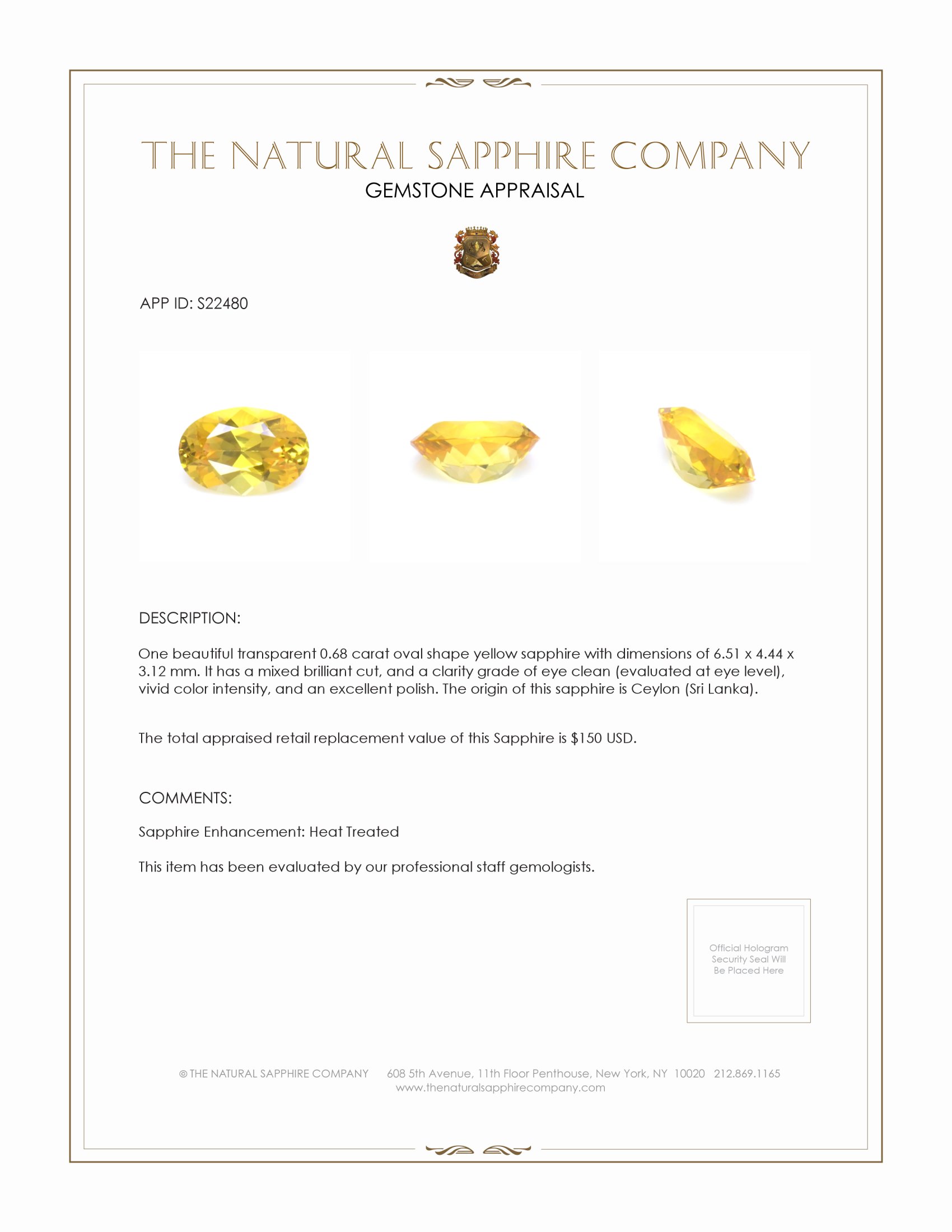 0.68 Ct. Yellow Sapphire from Ceylon (Sri Lanka)