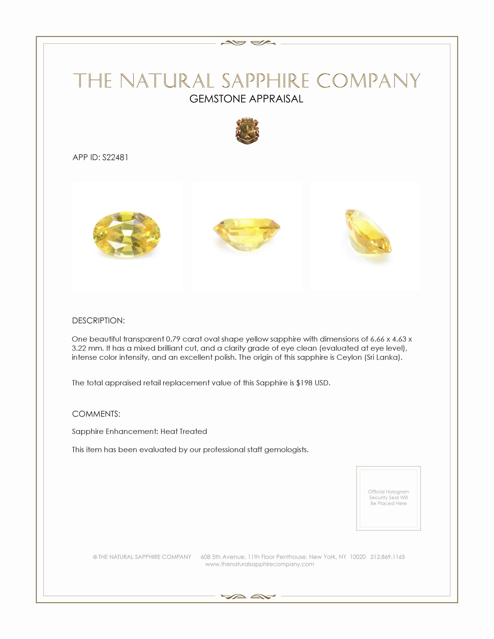 0.79 Ct. Yellow Sapphire from Ceylon (Sri Lanka)