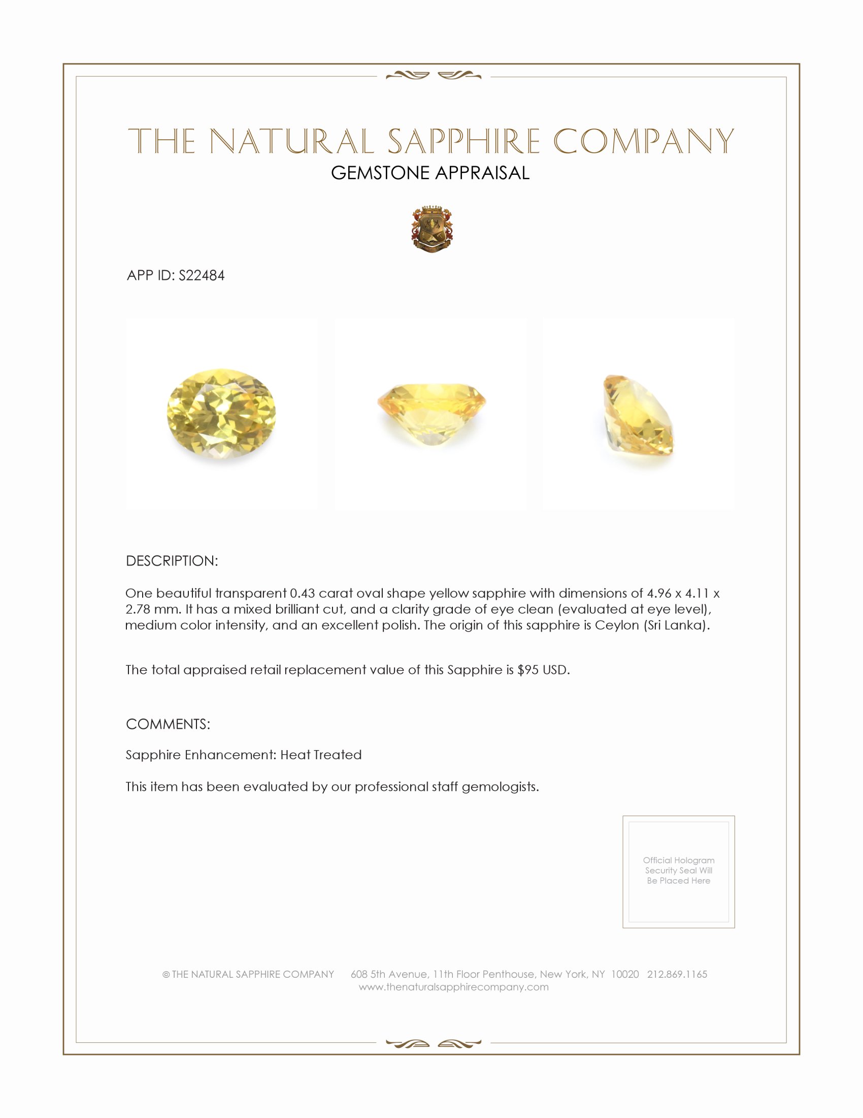 0.43 Ct. Yellow Sapphire from Ceylon (Sri Lanka)