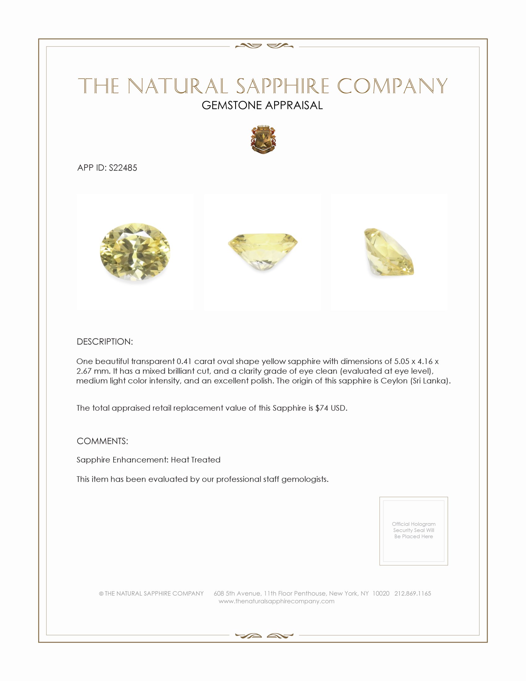 0.41 Ct. Yellow Sapphire from Ceylon (Sri Lanka)