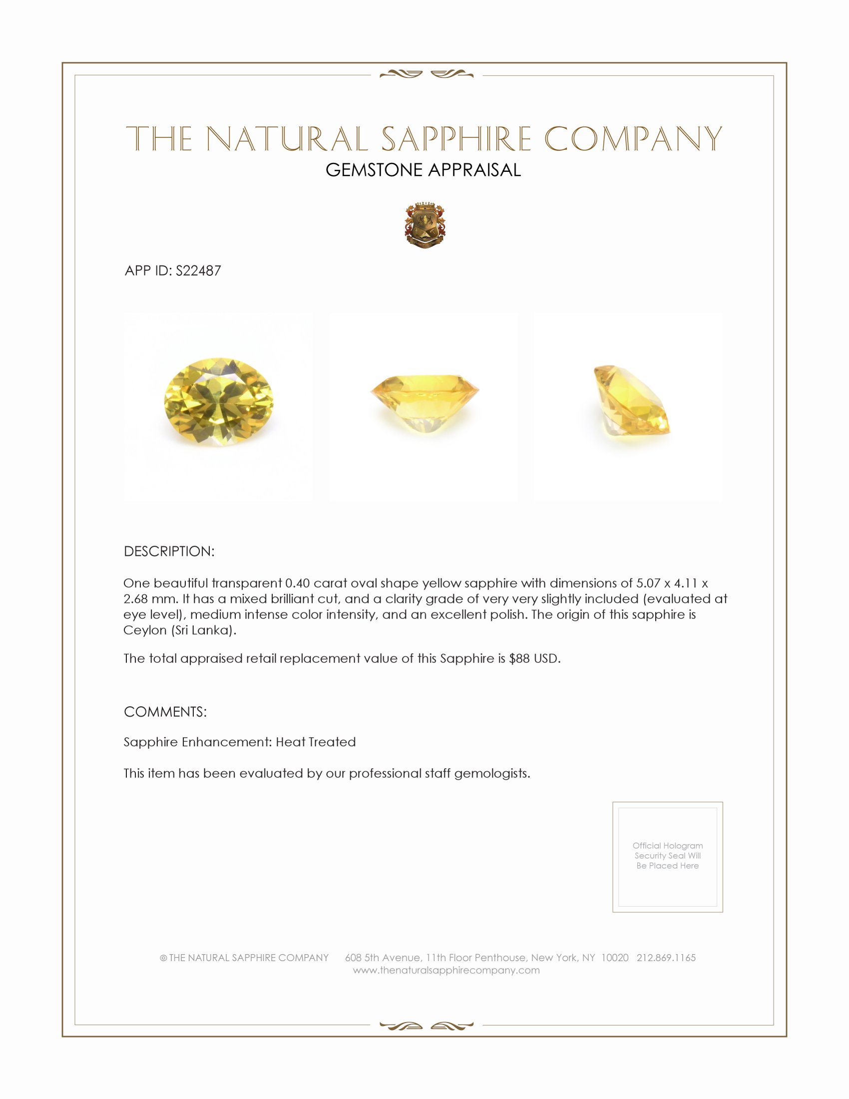 0.40 Ct. Yellow Sapphire from Ceylon (Sri Lanka)
