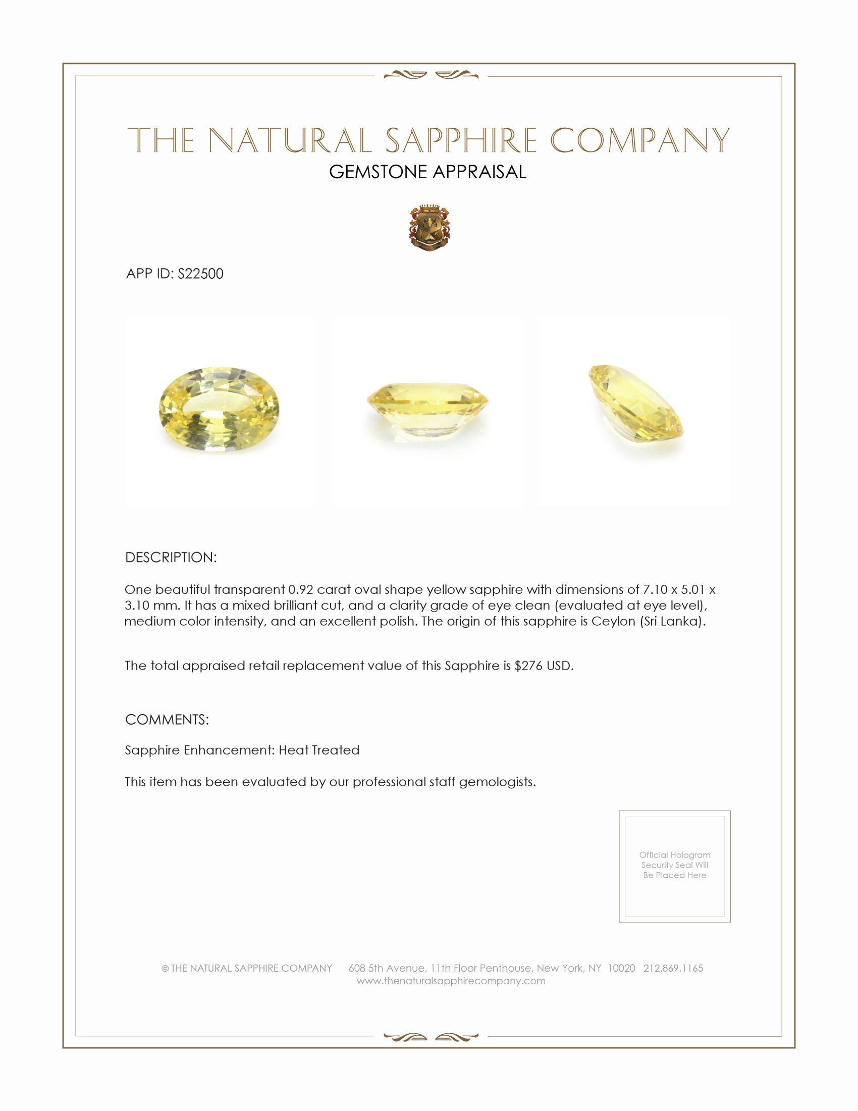 0.92 Ct. Yellow Sapphire from Ceylon (Sri Lanka)