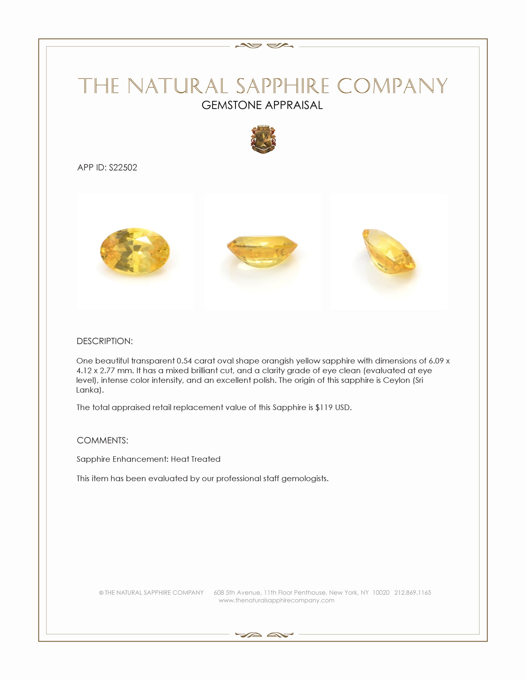 0.54 Ct. Orangish Yellow Sapphire from Ceylon (Sri Lanka)
