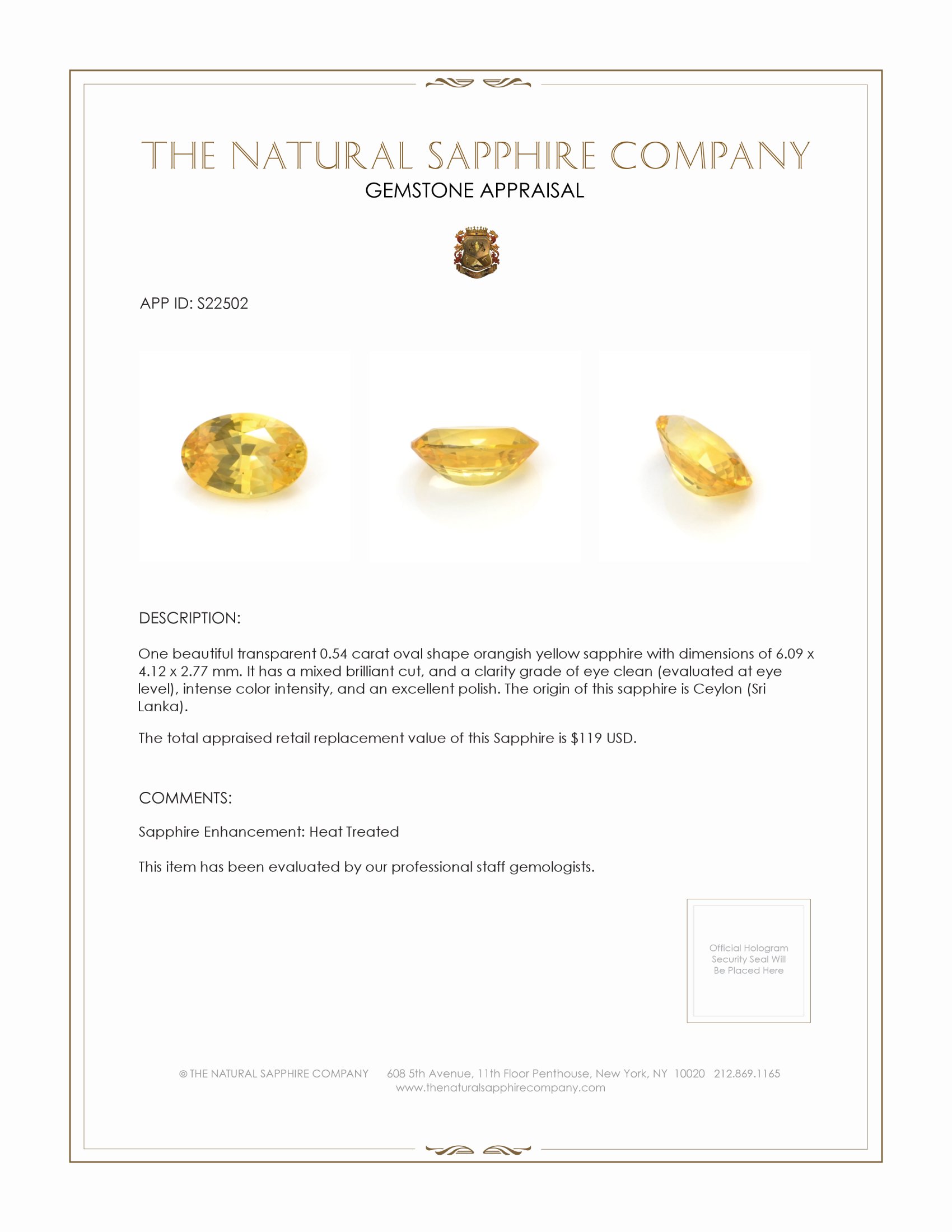 0.54 Ct. Orangish Yellow Sapphire from Ceylon (Sri Lanka)