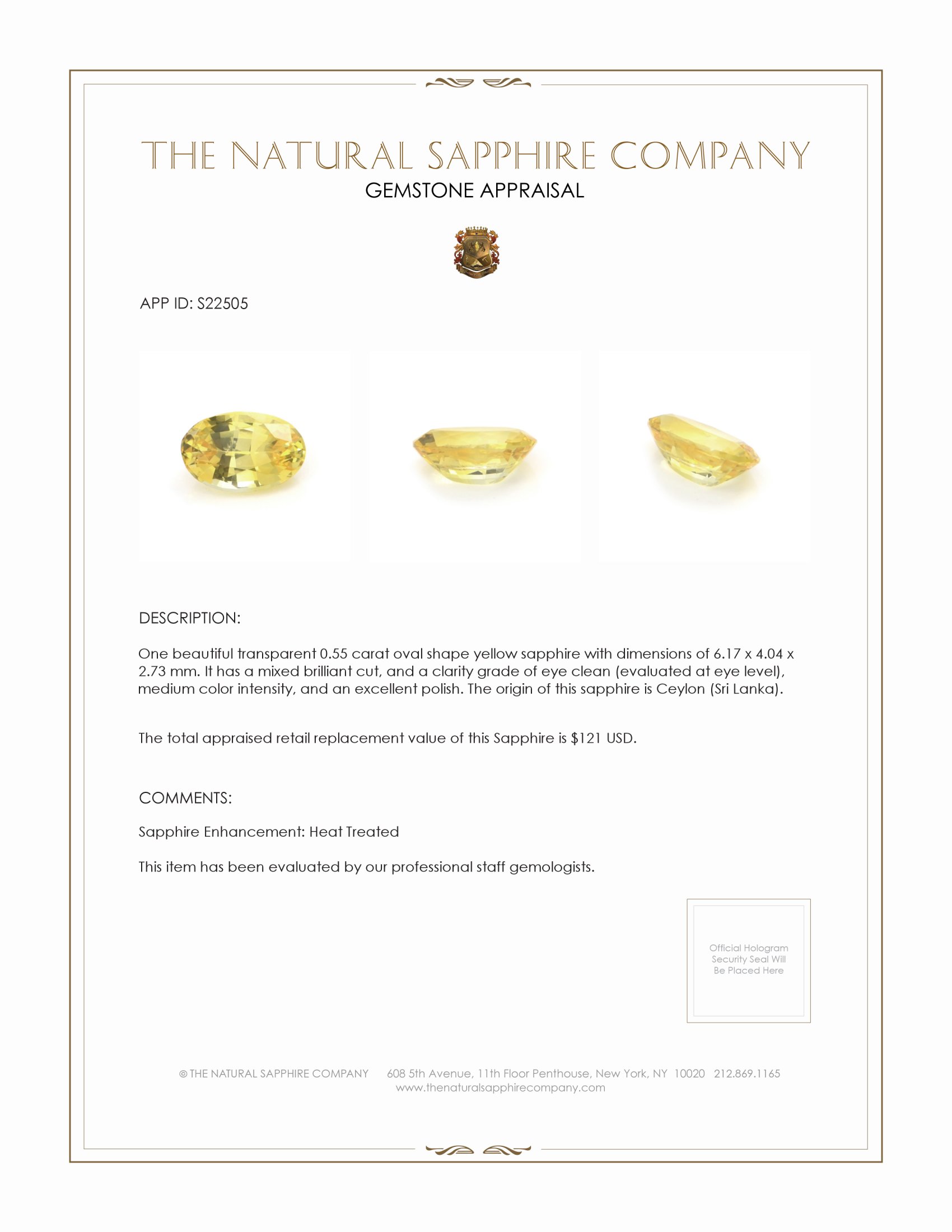 0.55 Ct. Yellow Sapphire from Ceylon (Sri Lanka)
