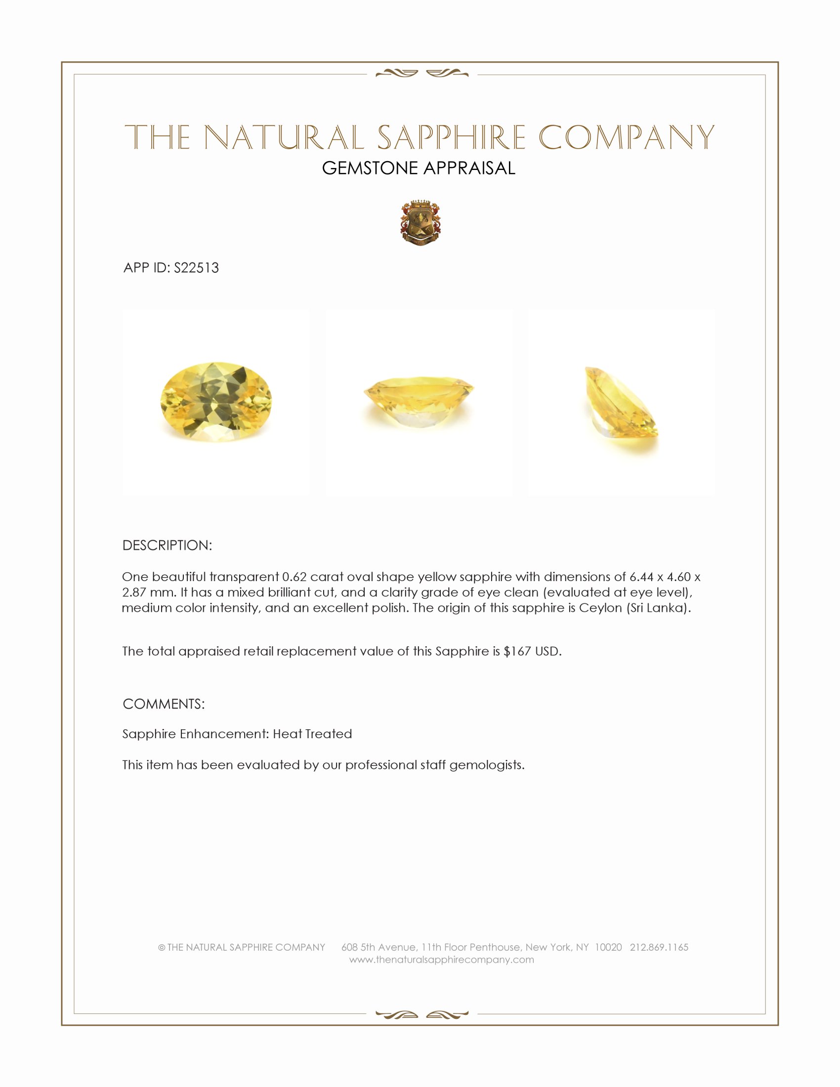 0.62 Ct. Yellow Sapphire from Ceylon (Sri Lanka)