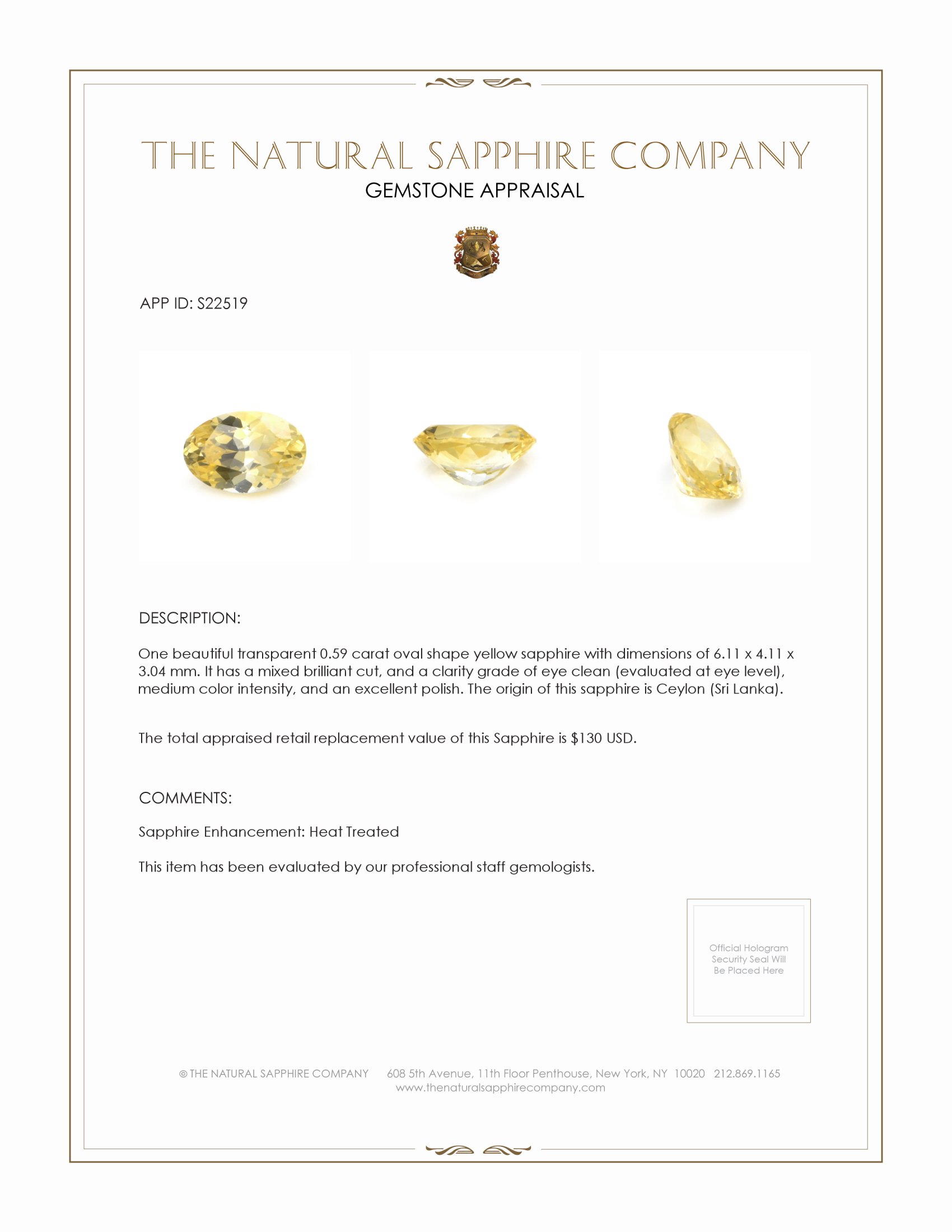 0.59 Ct. Yellow Sapphire from Ceylon (Sri Lanka)