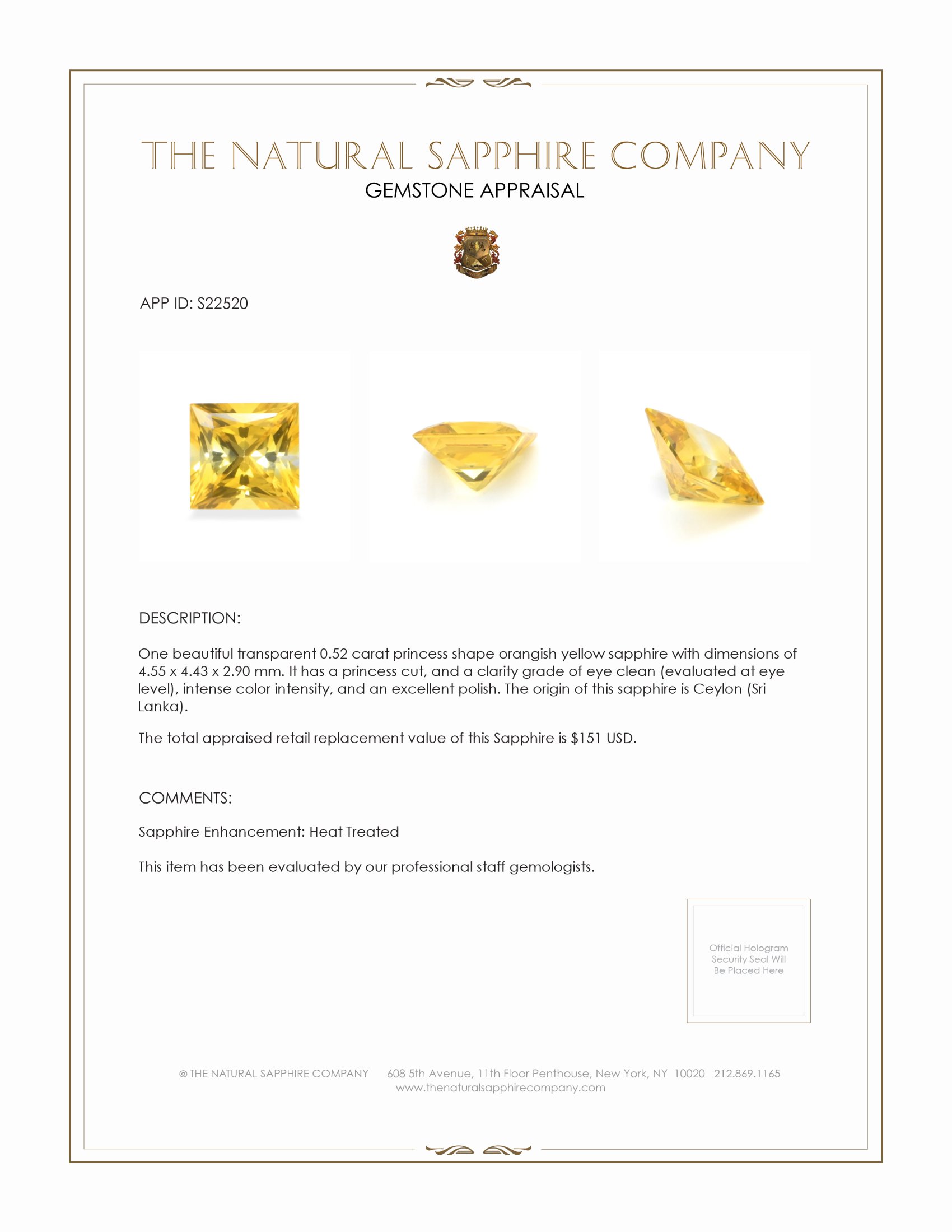 0.52 Ct. Orangish Yellow Sapphire from Ceylon (Sri Lanka)