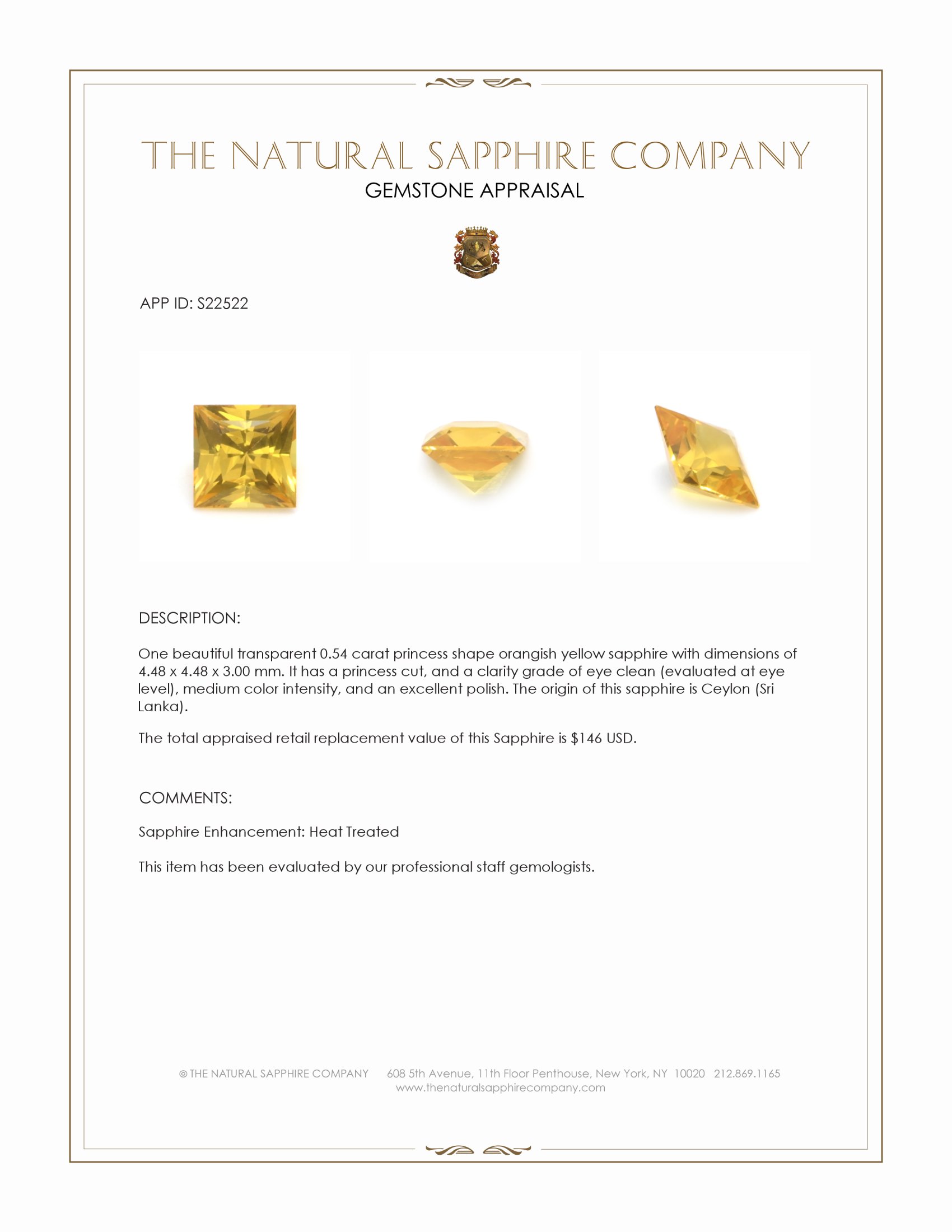 0.54 Ct. Orangish Yellow Sapphire from Ceylon (Sri Lanka)