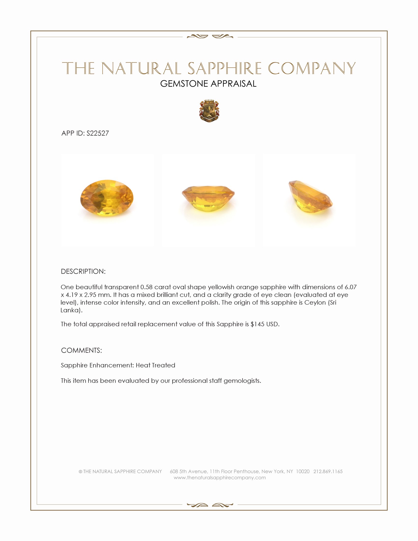 0.58 Ct. Yellowish Orange Sapphire from Ceylon (Sri Lanka)