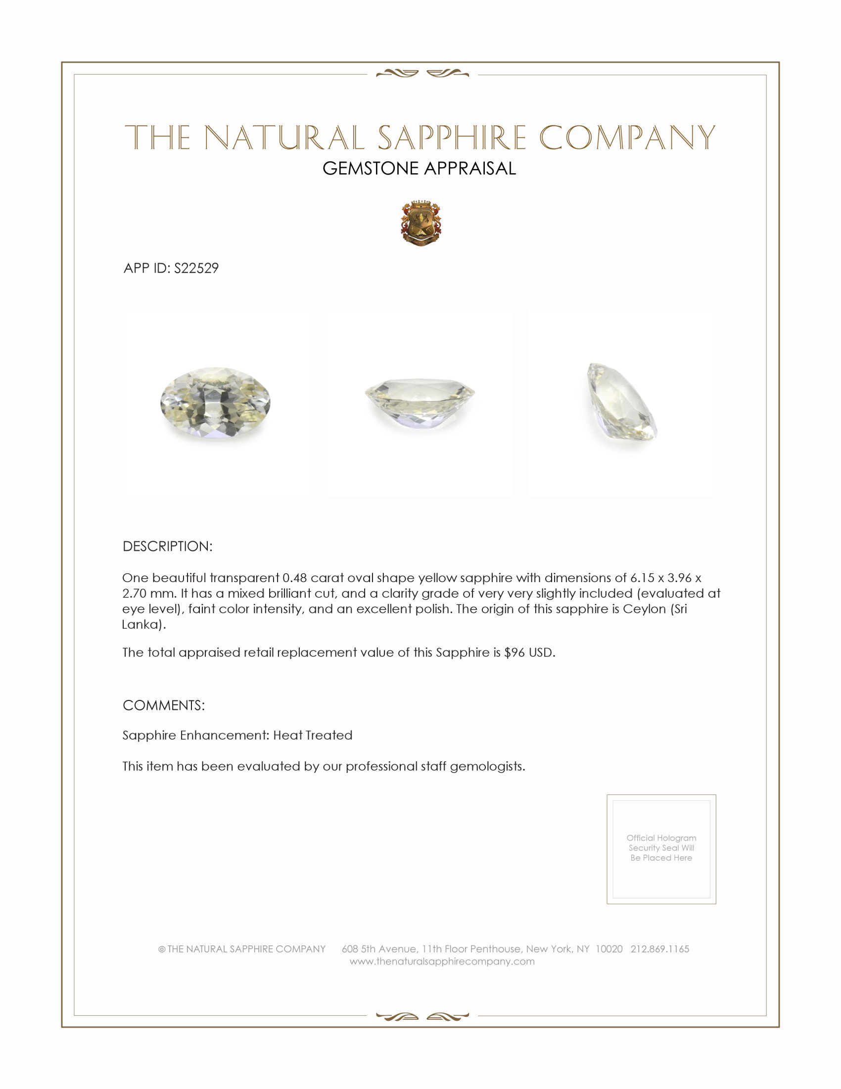 0.48 Ct. Yellow Sapphire from Ceylon (Sri Lanka)