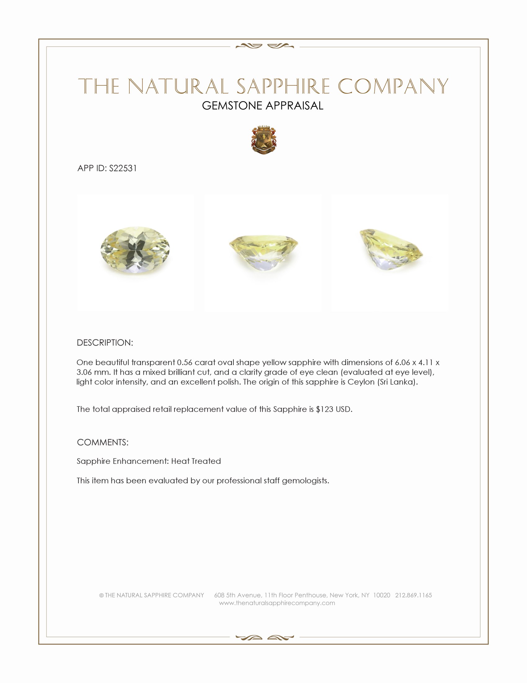 0.56 Ct. Yellow Sapphire from Ceylon (Sri Lanka)