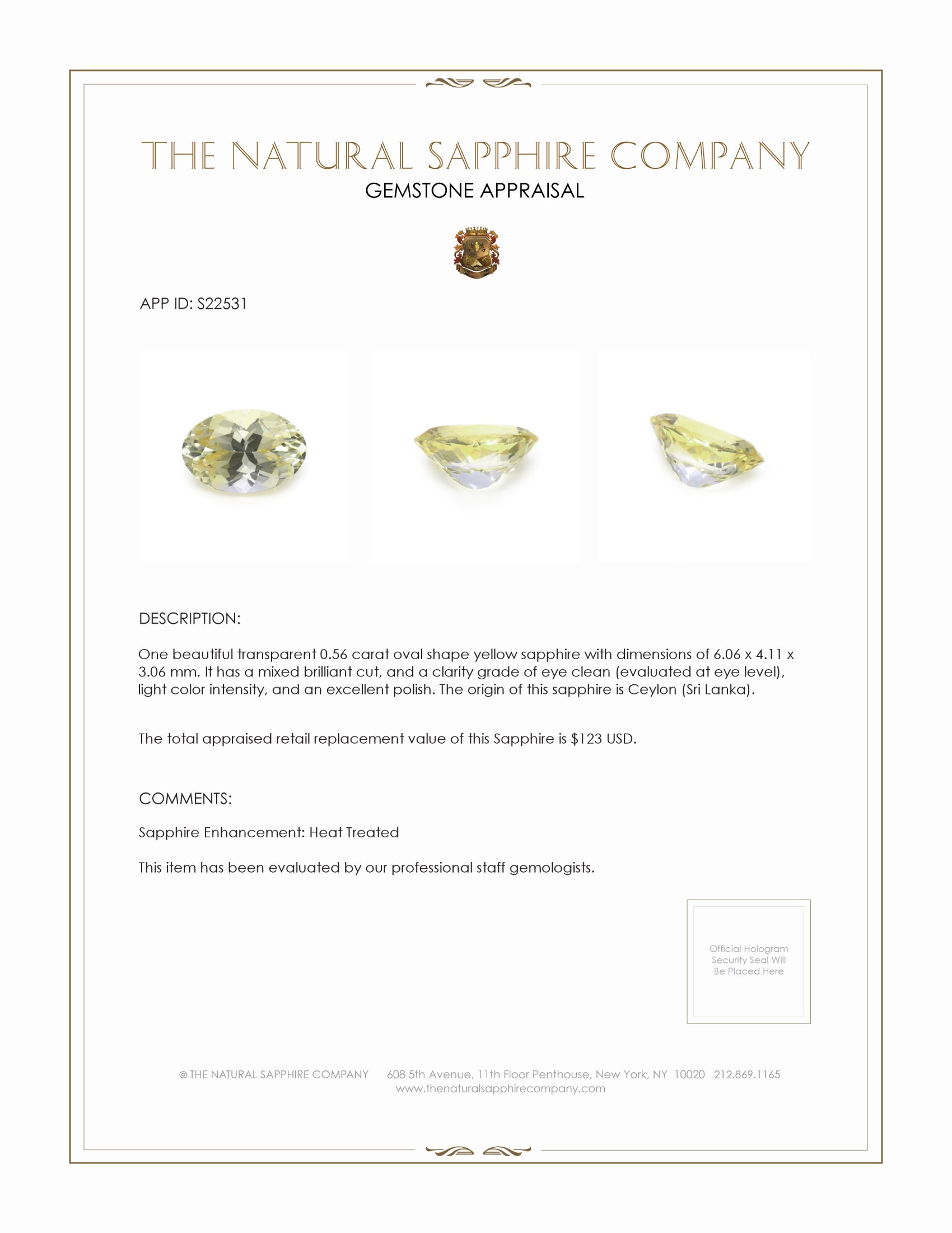 0.56 Ct. Yellow Sapphire from Ceylon (Sri Lanka)