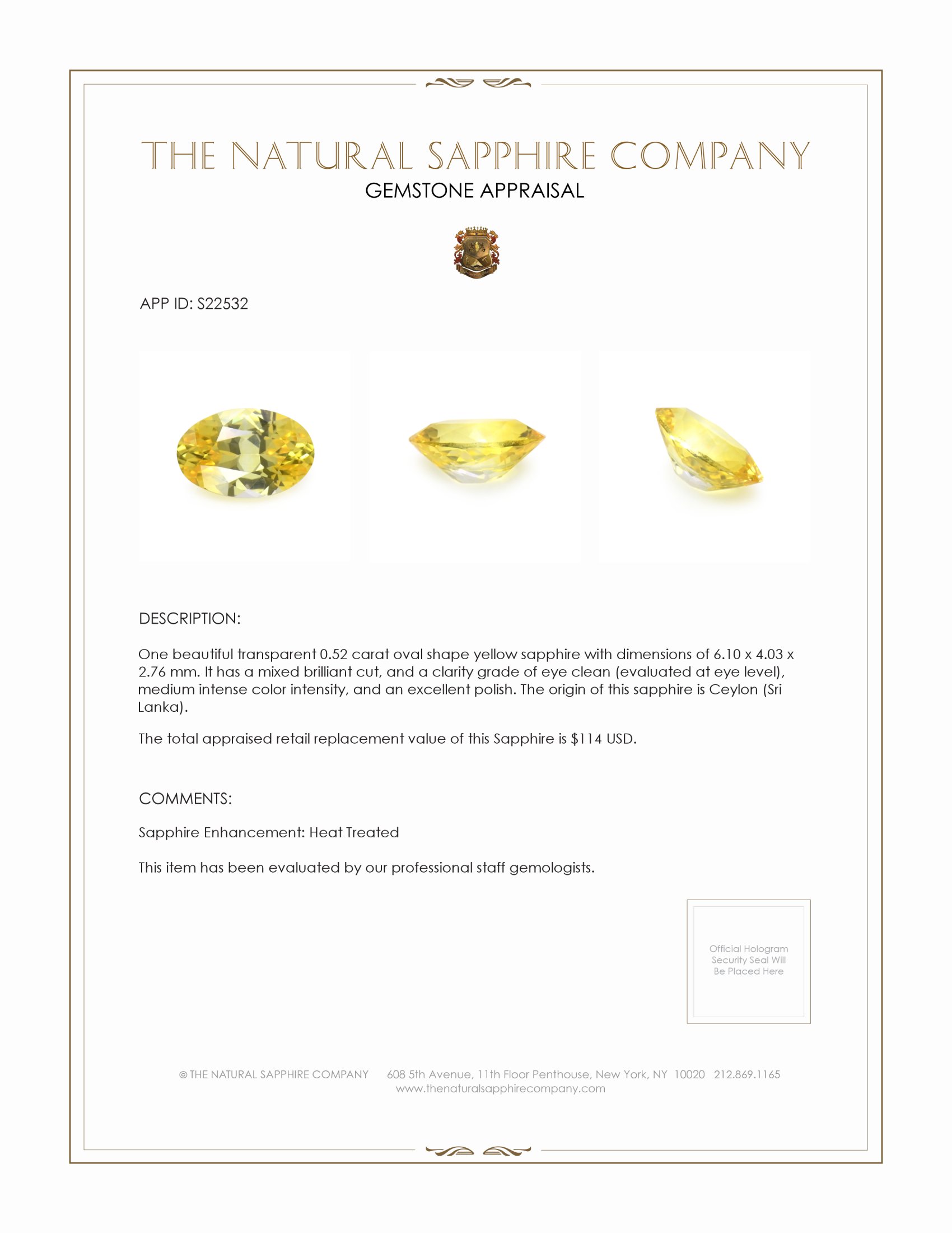 0.52 Ct. Yellow Sapphire from Ceylon (Sri Lanka)