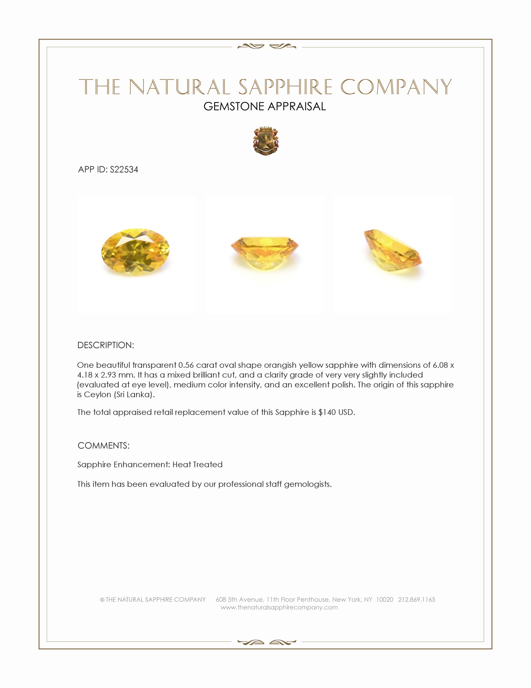 0.56 Ct. Orangish Yellow Sapphire from Ceylon (Sri Lanka)