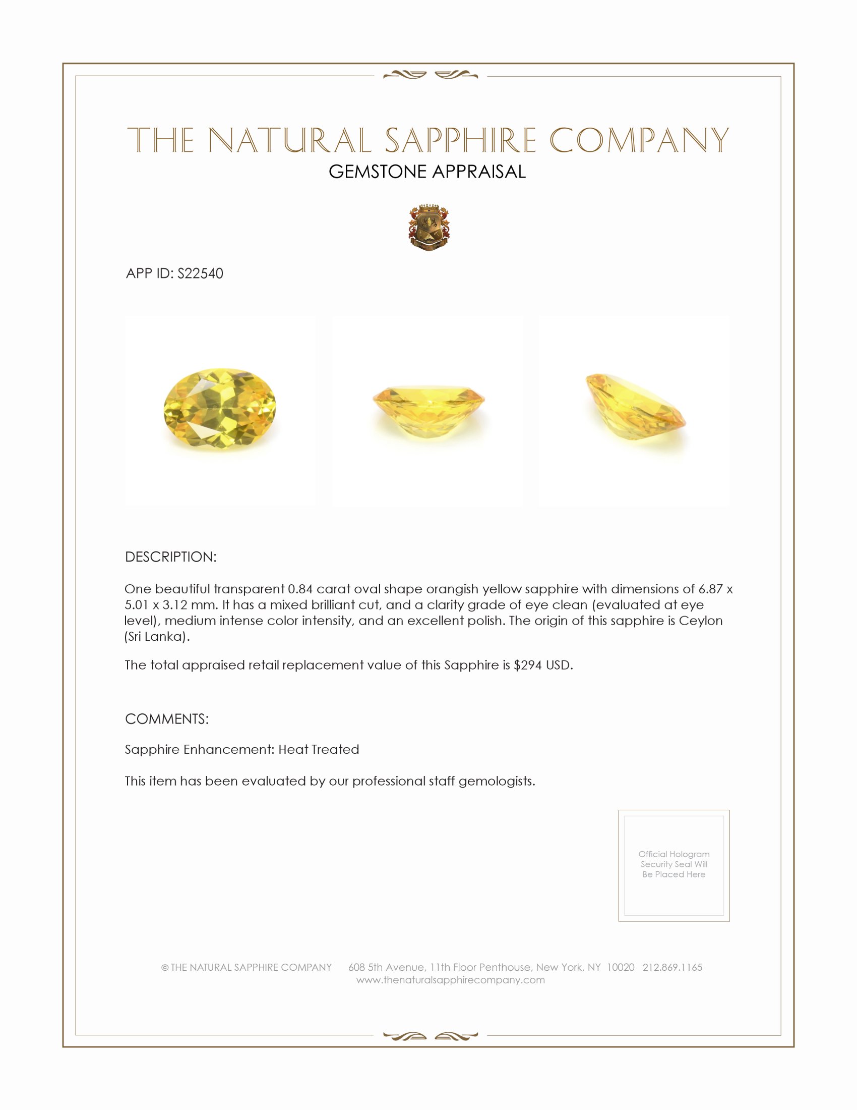 0.84 Ct. Orangish Yellow Sapphire from Ceylon (Sri Lanka)