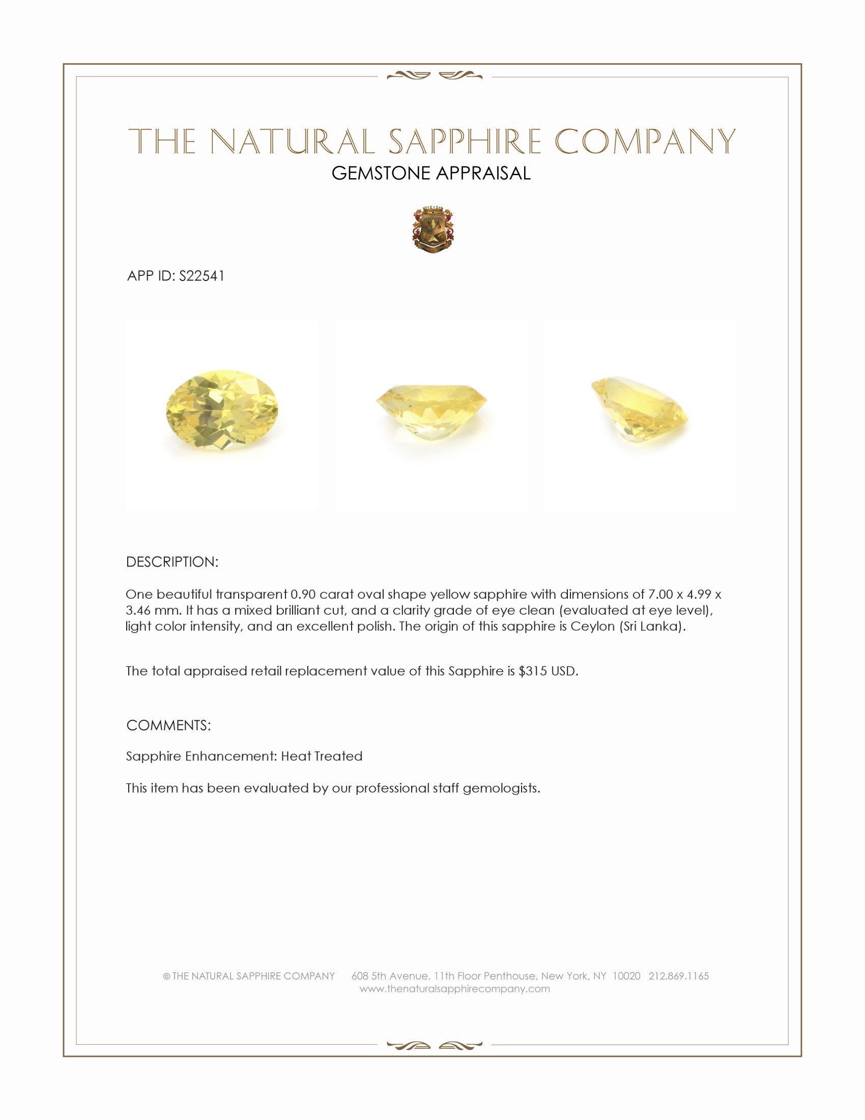 0.90 Ct. Yellow Sapphire from Ceylon (Sri Lanka)