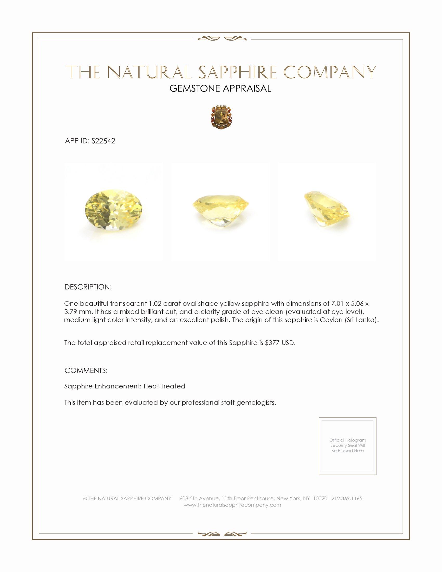 1.02 Ct. Yellow Sapphire from Ceylon (Sri Lanka)