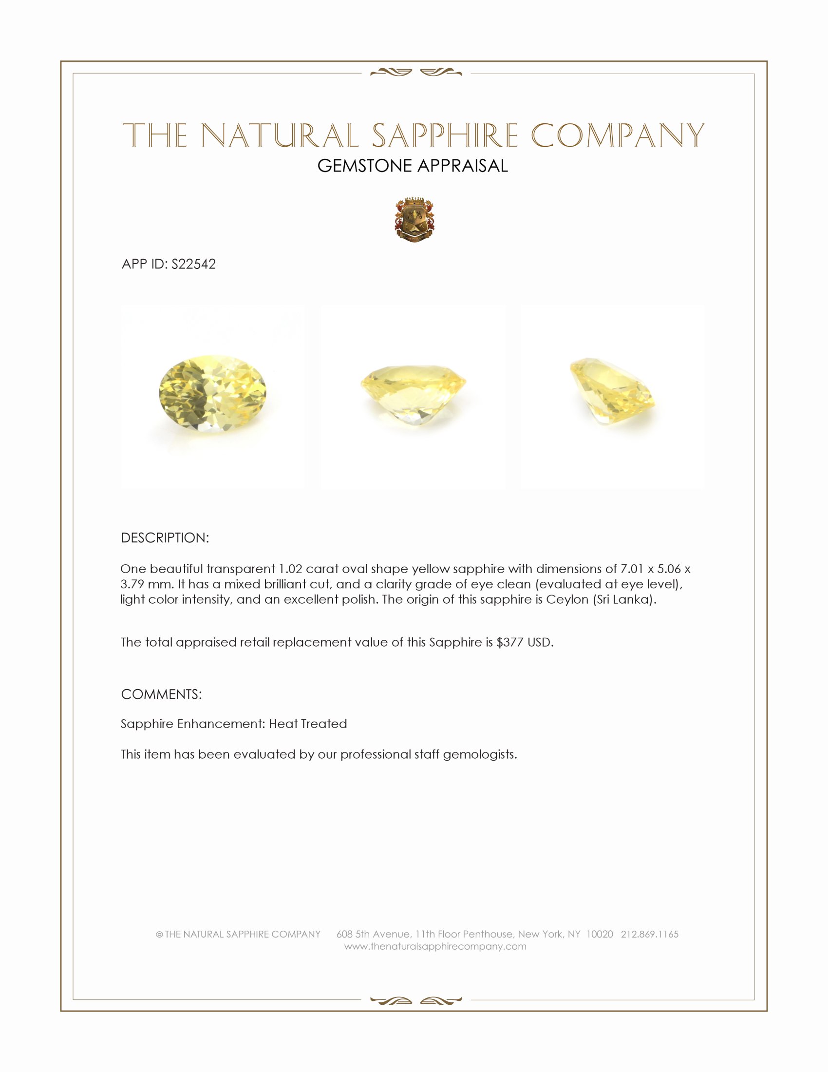1.02 Ct. Yellow Sapphire from Ceylon (Sri Lanka)